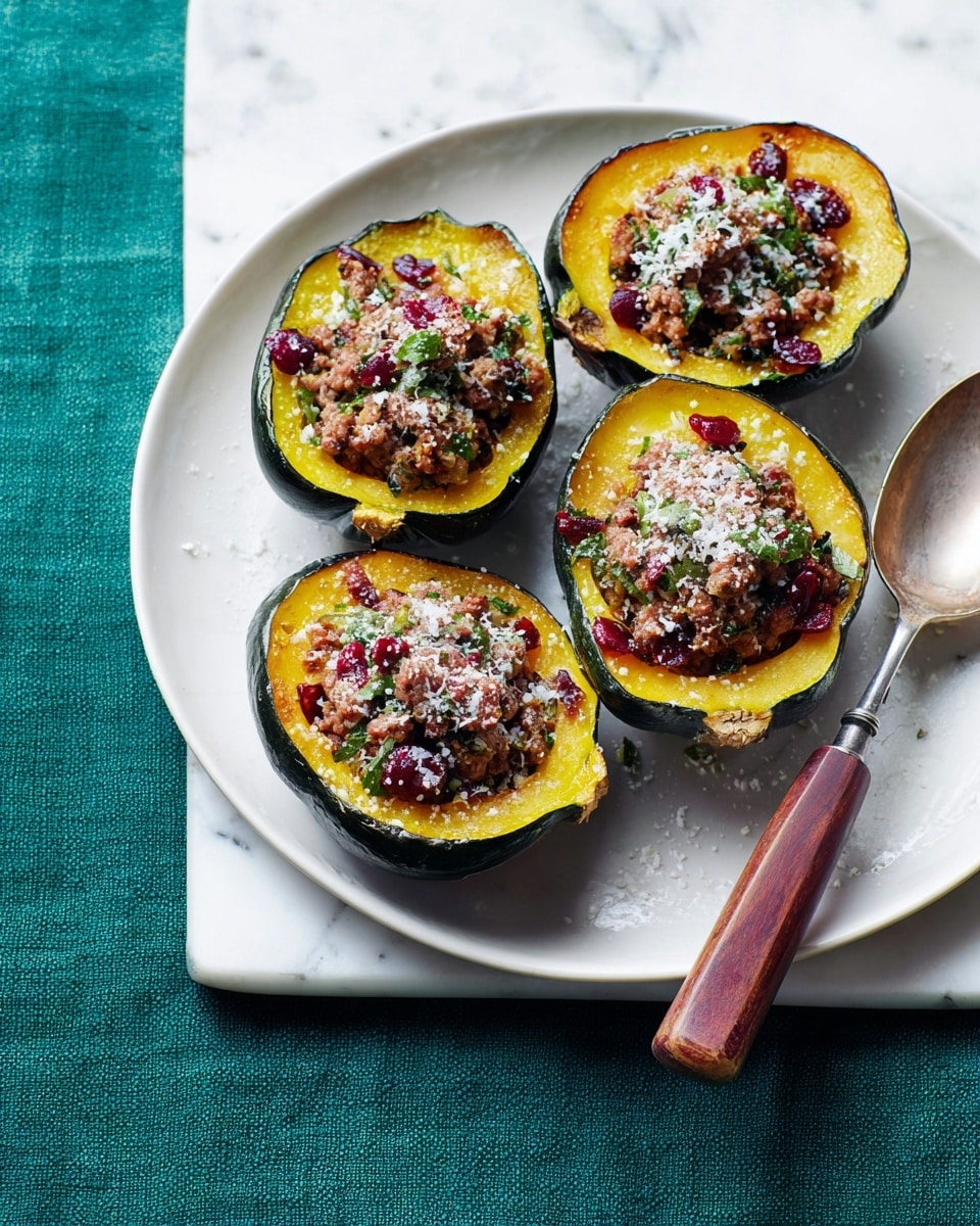 The image shows five pieces of stuffed green squash arranged on a white plate. Each squash is cut in half, revealing a yellow flesh inside that holds a brown, crumbly filling mixed with small red pieces and sprinkled with white grated cheese on top. The filling is garnished with finely chopped green herbs, and the plate sits on a white marbled surface with a vintage silver spoon beside it. The dish looks fresh and colorful with a natural texture and warm tones. photo taken with an iphone --ar 4:5 --v 7