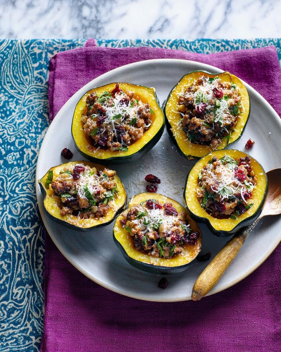 Five dark green, hollowed acorn squash halves filled with a mixture of brown cooked meat, red dried cranberries, and green herbs sit on a white round plate. Each squash half is topped with a light dusting of white grated cheese, adding texture and a sprinkle of color contrast. The squash shells have a smooth, slightly shiny green outside with bright yellow flesh inside. A silver spoon with a wooden handle rests to the right of the plate, all set on a white marbled surface. Photo taken with an iphone --ar 4:5 --v 7
