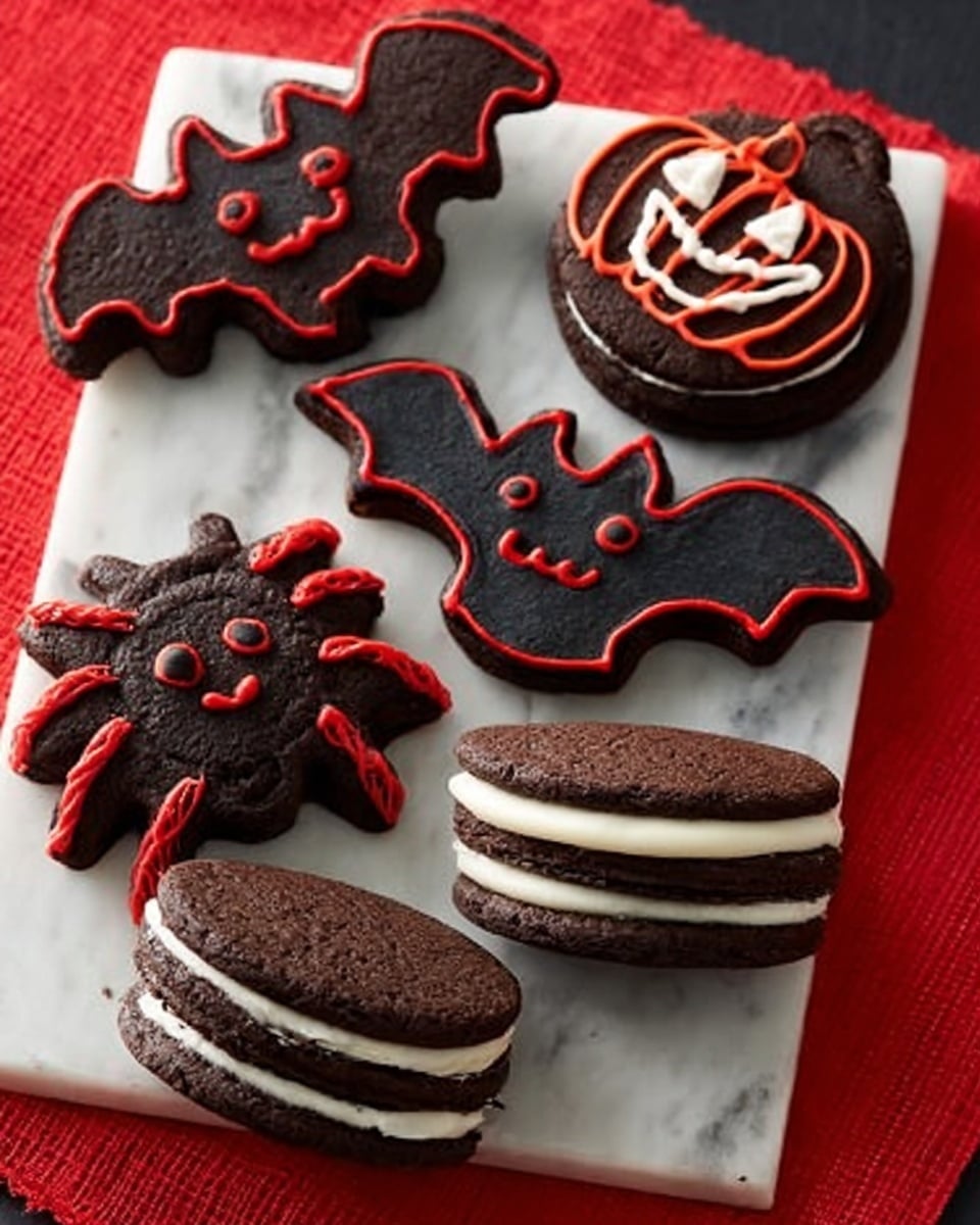The image shows six Halloween-themed sandwich cookies placed on a dark textured white marbled surface with a red edge on the side. Each cookie is made of two layers of brown cookie with a layer of white cream filling in the middle. The cookies are decorated on top with icing in different shapes: two bats outlined in black and red, a spider with red and black legs, a bright orange pumpkin with a smiling face outlined in white, and a black spider with red eyes. The cookies have clear, smooth icing designs that stand out against the dark brown cookie base. Photo taken with an iphone --ar 4:5 --v 7