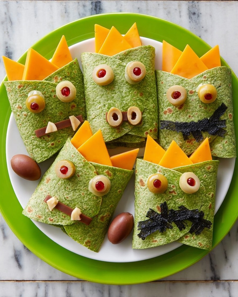 The image shows green spinach tortillas wrapped into small rectangular burritos, decorated with different facial features to look like little monsters. Each burrito has two round olive halves with red centers as eyes, small brown pickle slices or black seaweed pieces for eyebrows and mouths, and triangular pieces of orange cheddar cheese on top as hair or hats. The burritos are placed on a white plate with a lime green rim, and a few whole brown olives are placed around them as arms. The background is a white marbled surface with some bright yellow napkins to the side. The photo taken with an iphone --ar 4:5 --v 7