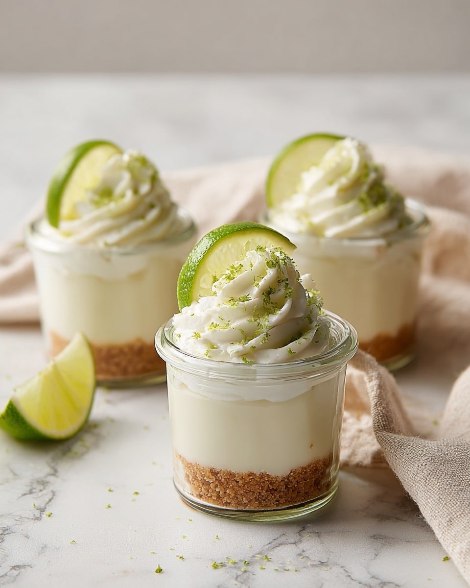 The image shows two small glass jars of a three-layer dessert placed on a white marbled surface. The bottom layer is a crumbly, light brown biscuit crust. The middle layer is creamy and smooth, light off-white in color. The top layer is thick whipped cream, white and fluffy, swirled in a spiral shape, sprinkled with small green lime zest pieces. Each jar is decorated with a bright green lime wedge resting on top of the whipped cream. One jar has a small silver spoon dipping into the creamy middle layer. A beige, textured cloth lies nearby. Photo taken with an iphone --ar 4:5 --v 7