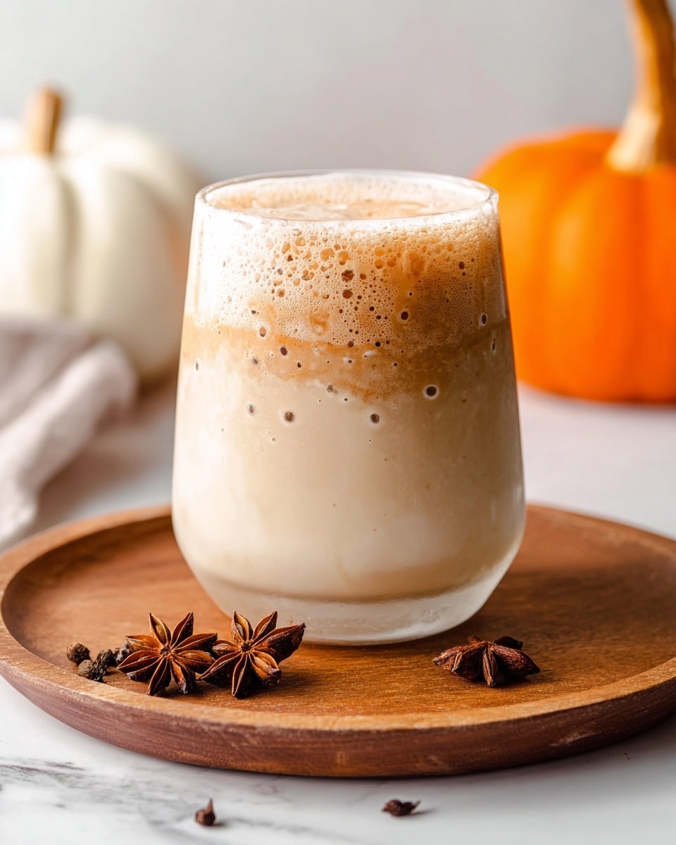 A clear glass filled with a creamy drink that has two layers: the bottom layer is light beige and smooth, while the top layer is thick and frothy with a light brown color, showing small bubbles and a slightly uneven surface. The glass sits on a round wooden board, surrounded by star anise and whole cloves, with a white pumpkin to the left. The background has a soft fabric and a white marbled surface under the board. Photo taken with an iphone --ar 4:5 --v 7
