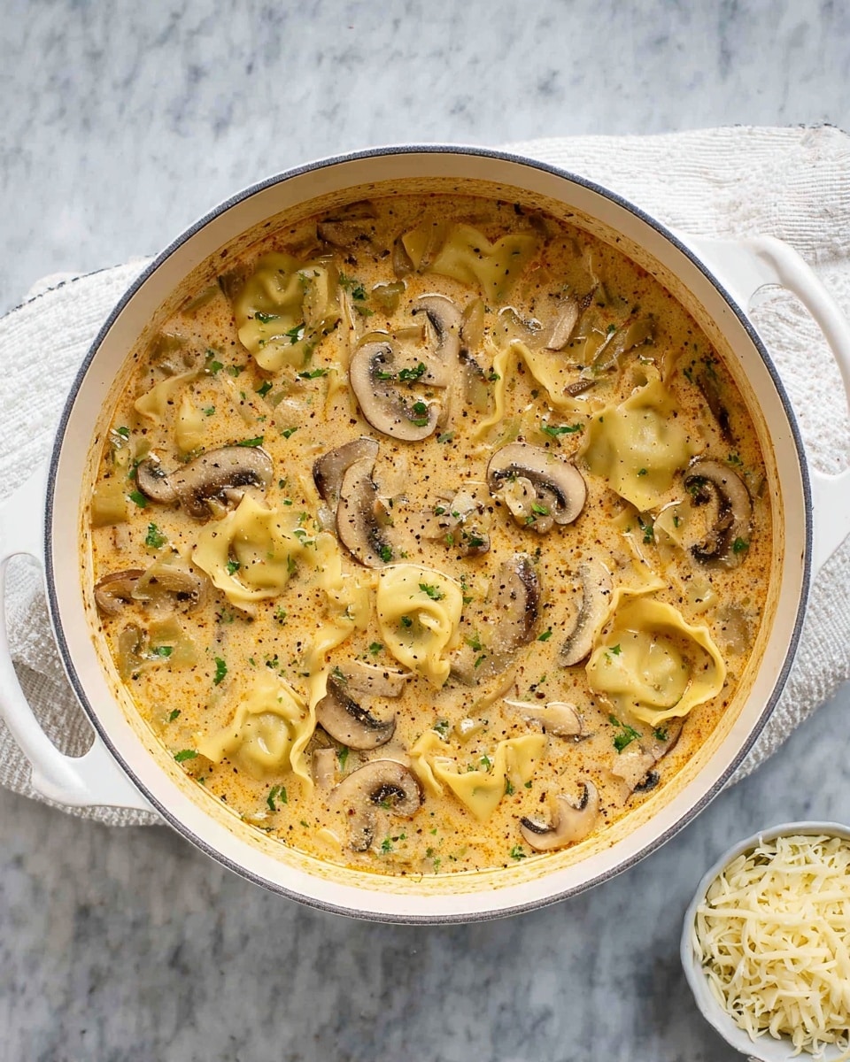 A close-up top view of a white pot filled with creamy mushroom and pasta soup, showing multiple layers: round mushroom slices and tortellini pasta softly coated in a thick, light brown creamy broth with green herb bits spread throughout. The soup has a smooth texture with visible flecks of black pepper sprinkled on top. The pot rests on a white marbled surface with a textured white cloth nearby, and a small white bowl with shredded cheese is placed in the top right corner. photo taken with an iphone --ar 4:5 --v 7