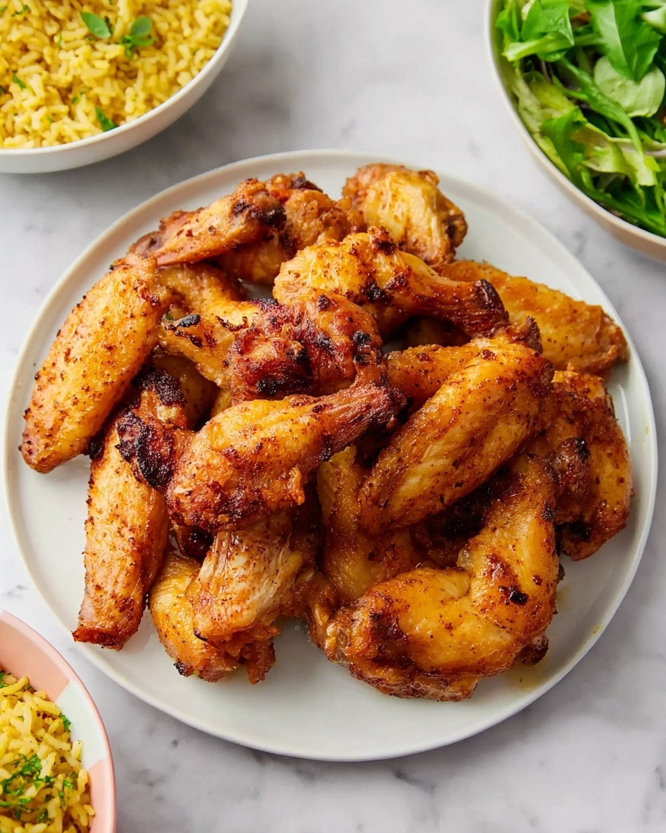 A baking tray holds twelve roasted chicken wings arranged in three rows. The wings have a crispy, golden-brown skin with some darker, slightly charred edges. The tray is lined with a textured surface, showing spots of golden oil and cooked juices around the wings. The background is a white marbled surface. photo taken with an iphone --ar 4:5 --v 7