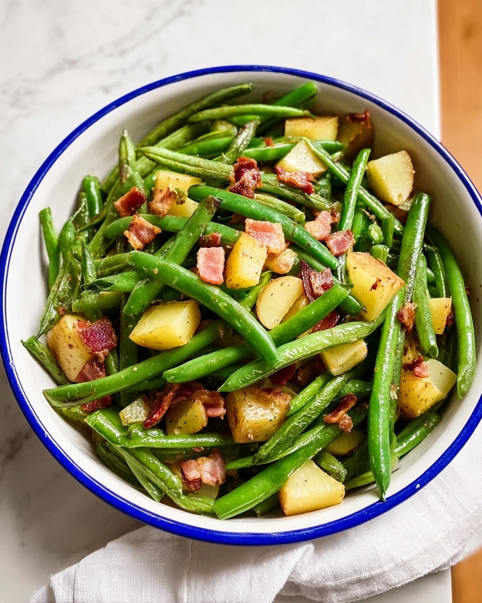 A white bowl with a blue rim is full of bright green beans mixed with small pieces of light yellow potato and bits of pinkish-brown cooked bacon scattered throughout. The green beans are long and shiny, forming the main top layer. The light yellow potato pieces are cut into small chunks and are spread evenly among the beans. The bacon pieces are small and crisp, adding texture with their reddish-brown color. The bowl is placed on a white marbled surface with a white cloth slightly visible beside it. photo taken with an iphone --ar 4:5 --v 7
