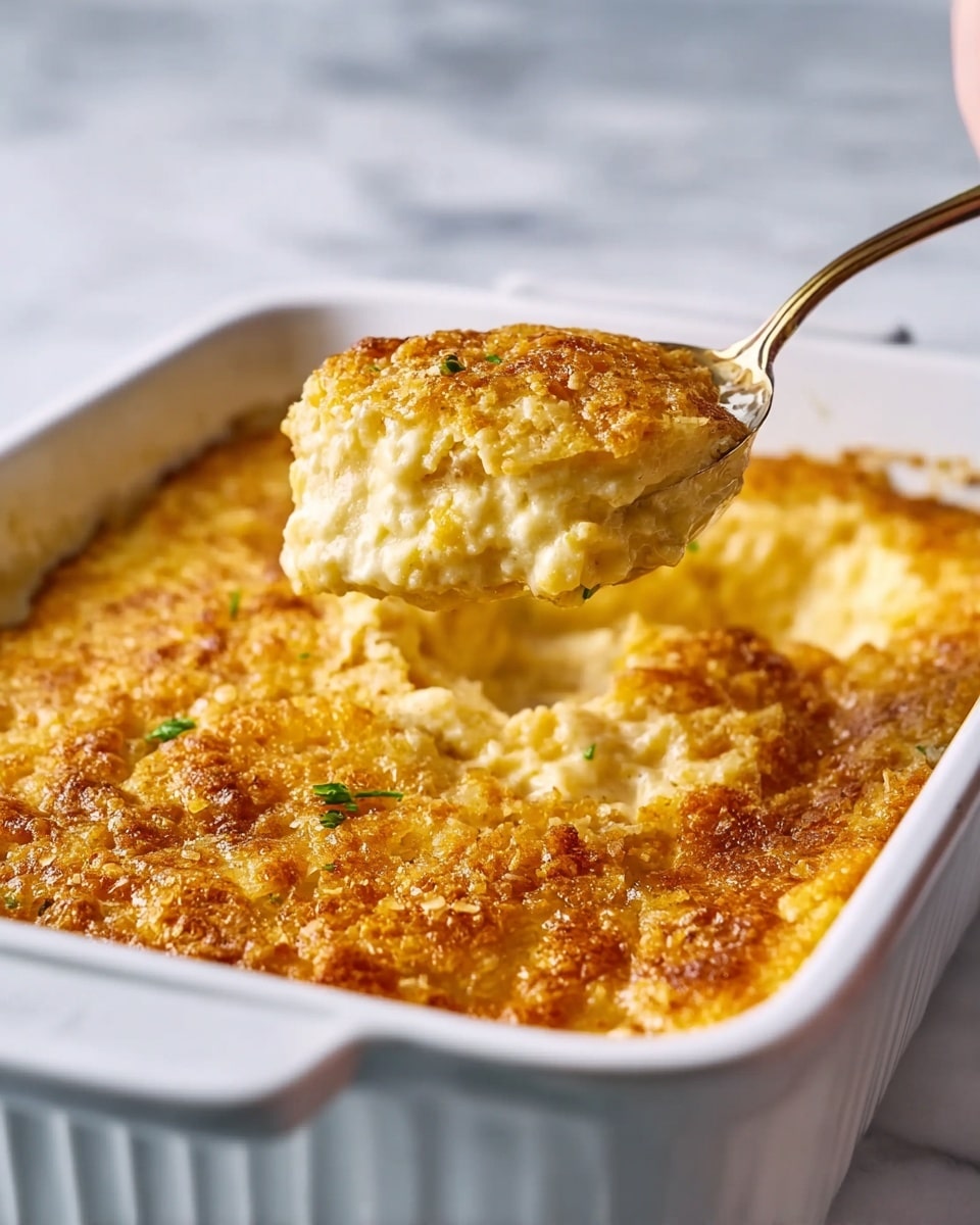 The image shows a white square baking dish filled with a creamy casserole that has a golden-brown crispy top layer. The casserole has two visible layers: a thick, shiny, crunchy top layer with a slightly rough texture, and a soft, creamy, light yellow layer underneath. A spoon lifted by a woman's hand scoops out a portion, showing the contrast between the crunchy top and the soft inside. The dish sits on a white marbled surface. photo taken with an iphone --ar 4:5 --v 7