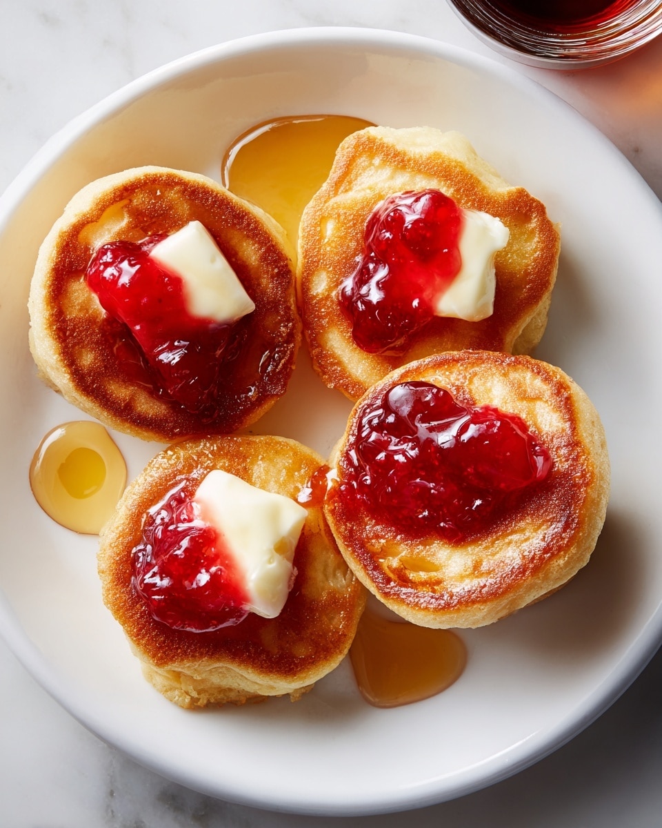 The image shows twelve small round Yorkshire puddings arranged on a white marbled surface. Each Yorkshire pudding is golden brown with a slightly puffed texture and a hollow center filled with two layers: a small square of pale yellow butter smashed on one side, and bright red, glossy strawberry jam placed next to the butter. One Yorkshire pudding is bitten into, showing a soft inner texture with jam on top. Near the puddings, there is a clear glass bowl filled with the same strawberry jam with a silver spoon inside, and a small transparent glass pitcher with dark amber syrup. The overall look is warm and inviting with a soft natural light. Photo taken with an iphone --ar 4:5 --v 7
