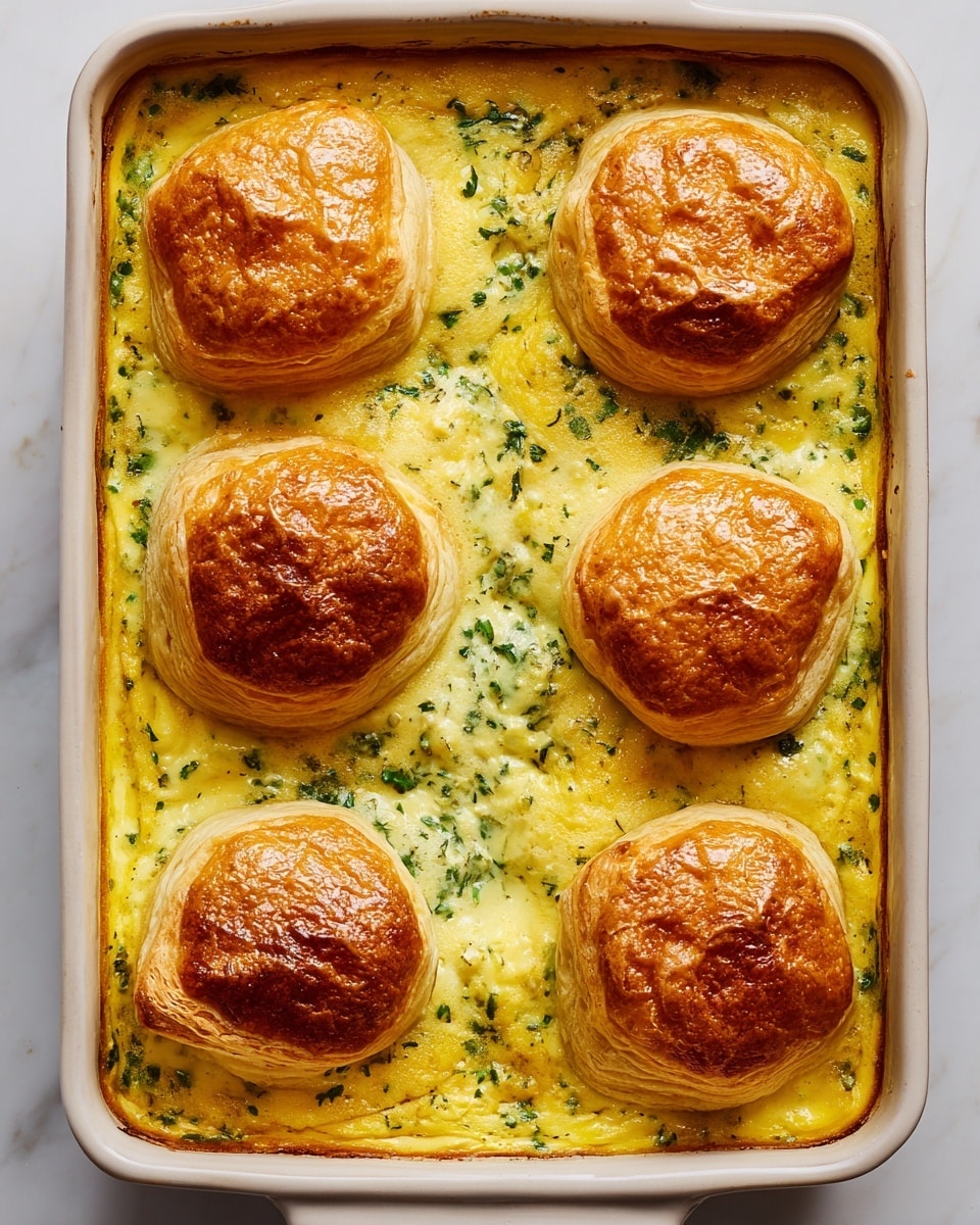 A rectangular baking dish filled with a creamy yellow egg mixture that has green herbs mixed throughout. On top, six round golden brown puff pastry puffs are evenly placed in two rows of three, each puff slightly raised and flaky with a shiny surface. The edges of the dish’s egg mixture look lightly browned, showing it is cooked well. The dish sits against a white marbled background. photo taken with an iphone --ar 4:5 --v 7
