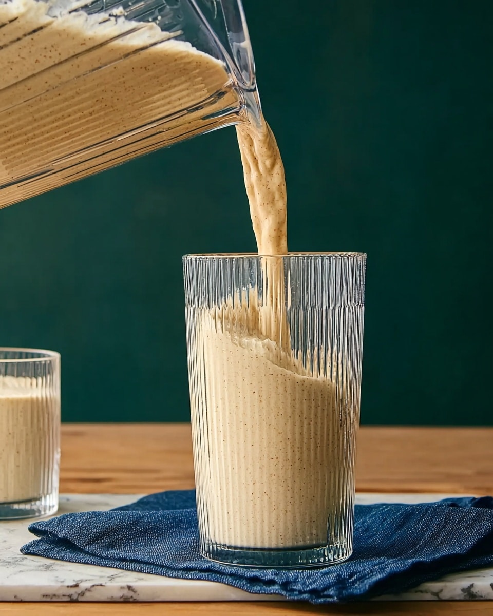 A clear ribbed glass sits on a folded dark blue cloth on a wooden surface with a white marbled texture. A beige, thick smoothie with small dark specks is being poured in a steady stream from a transparent container into the glass, filling it with soft peaks and ripples. Another empty clear ribbed glass is placed slightly behind and to the left on the same wooden surface. The background behind is a solid green wall. photo taken with an iphone --ar 4:5 --v 7