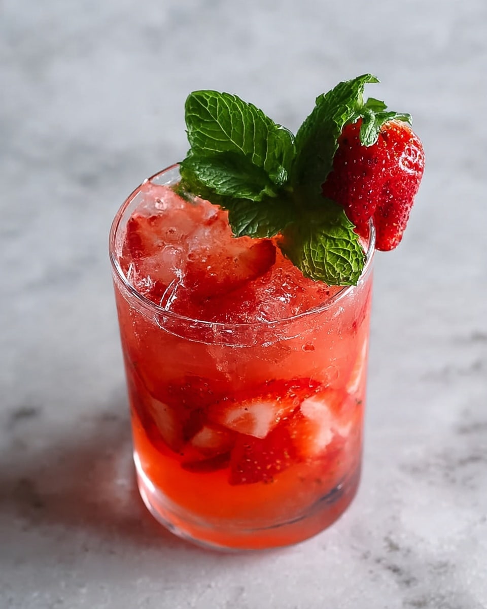 A clear glass filled with a pinkish-red drink containing small ice cubes and thin slices of strawberries spread through the drink, topped with a bright green sprig of fresh mint and a whole red strawberry hanging on the rim, all placed on a white marbled surface photo taken with an iphone --ar 4:5 --v 7