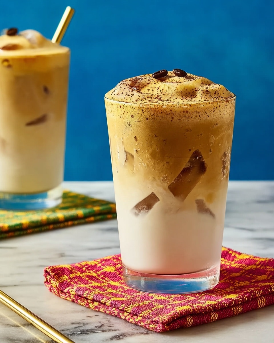 The image shows a clear glass filled with iced milk as the bottom layer, with light yellow ice cubes visible inside. On top, there is a thick, smooth, frothy coffee layer with a light brown color, slightly spilling over the edges. Small dark brown coffee granules are sprinkled on the foam's surface. The glass sits on a red and yellow checkered fabric coaster placed on a white marbled surface. In the background, another glass with the same drink rests on a green and yellow checkered coaster. A golden metal straw lies nearby. The background is a solid deep blue color. photo taken with an iphone --ar 4:5 --v 7