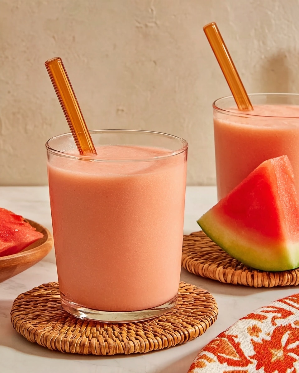 Two clear glasses filled with thick, light pink smoothie, each with a brown transparent straw inside. The glasses sit on round woven coasters on a white marbled surface. In the background, there is a bright red watermelon slice with a green rind on the right side. A soft orange cloth with a pattern is partially visible in the bottom right corner. The background is a beige textured wall. photo taken with an iphone --ar 4:5 --v 7