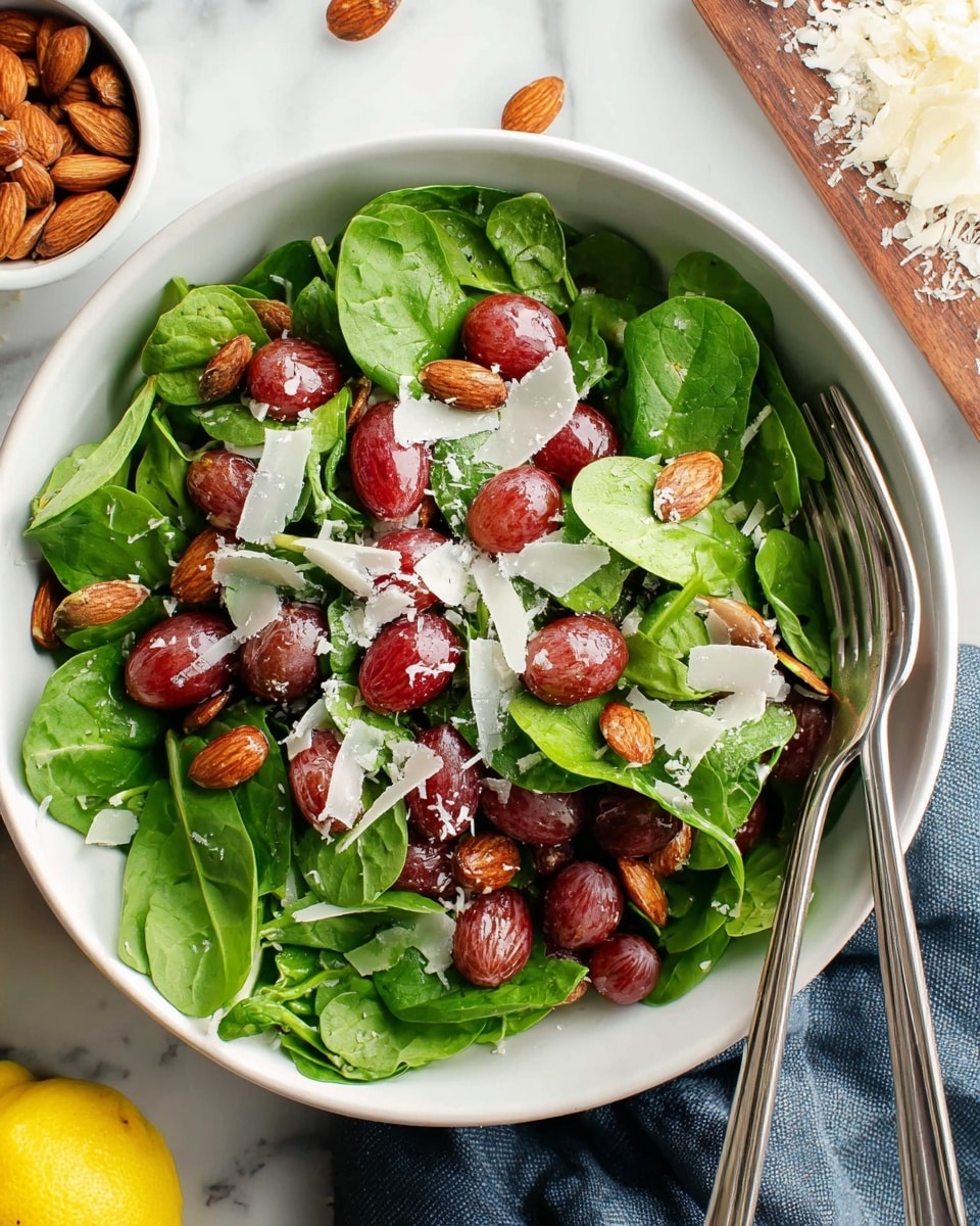 A white bowl filled with fresh green spinach leaves as the first layer, topped with whole red grapes scattered evenly, and a mix of brown roasted almonds spread across. Over this, thin white parmesan cheese shavings are scattered, adding texture and light contrast. The salad is lightly sprinkled with black pepper and a bit of oil shine. In the bowl, there are two metallic forks resting on the right side. Around the bowl, there is a small white dish of almonds at the left top corner, a brown wooden board with cheese shavings on the right side, and a lemon half at the bottom left. The entire setup sits on a white marbled surface with a portion of a blue cloth visible on the lower right side. photo taken with an iphone --ar 4:5 --v 7