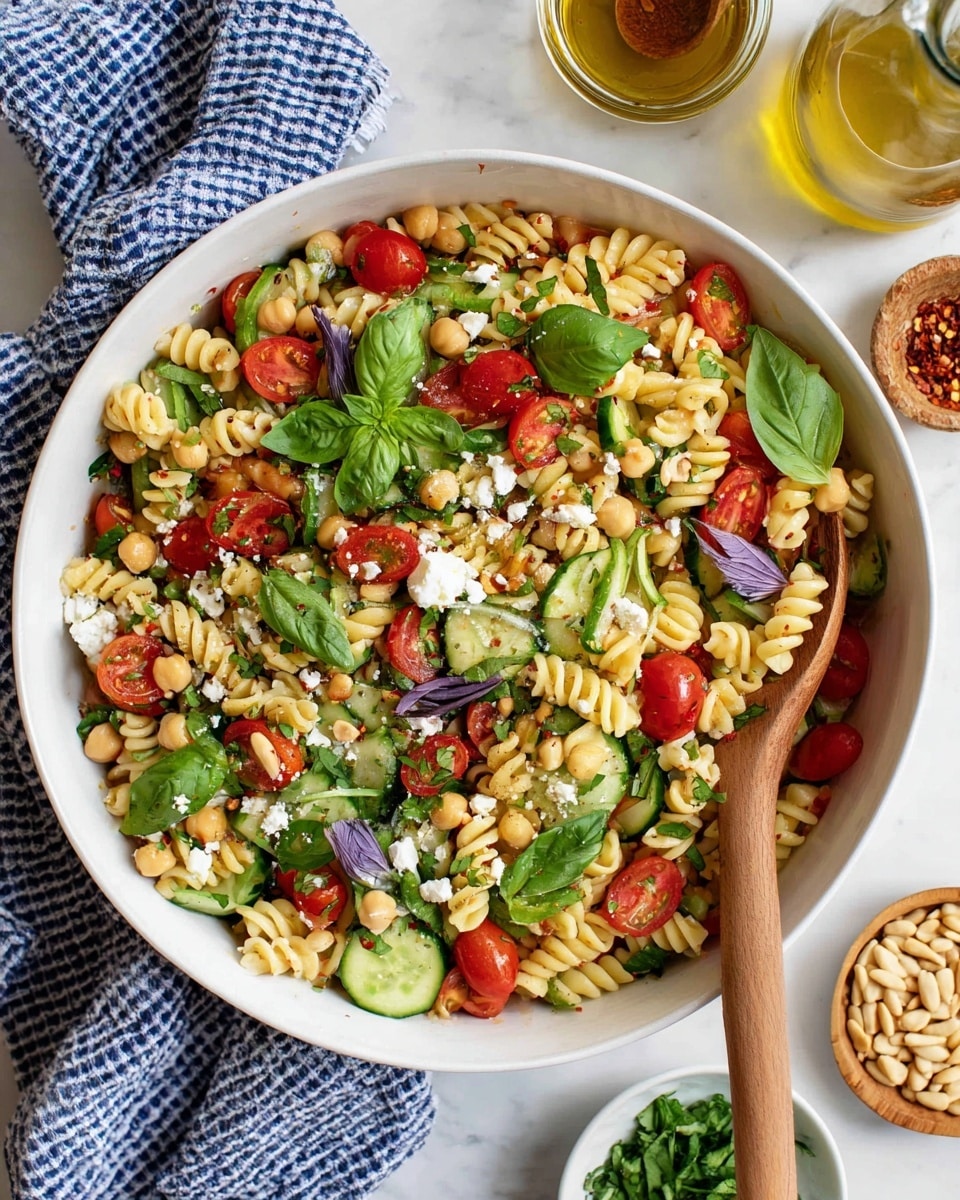 A white bowl filled with a pasta salad that has three main layers: the bottom layer is light yellow spiral pasta, the middle layer includes round chickpeas and sliced green cucumber pieces, and the top layer has bright red halved cherry tomatoes and fresh dark green arugula leaves scattered on top. Two wooden spoons are stirring the salad inside the bowl, held by a woman's hands visible at the bottom corners. In the background, there is a wooden bowl filled with fresh basil leaves and a light blue and white striped cloth on a white marbled surface photo taken with an iphone --ar 4:5 --v 7