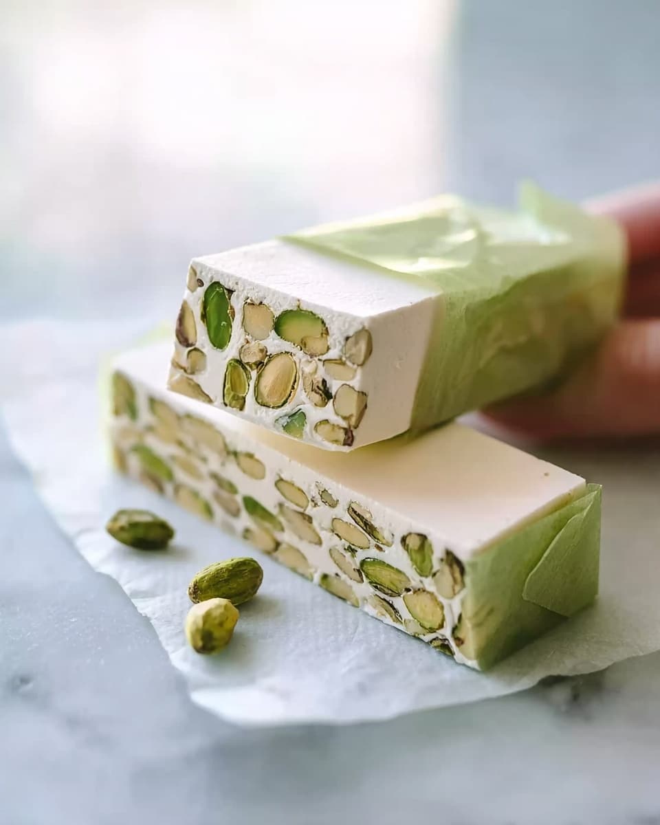 The image shows two rectangular pieces of nougat stacked on white parchment paper on a white marbled surface. Each piece has a top and bottom layer of smooth white nougat with a soft texture, and a middle layer filled with whole green pistachios that give a speckled green and beige look. Near the nougat, a woman's hand is folding shiny green wrapping paper shaped like a gift on the same surface. The overall scene has a soft, natural light and a clean, simple look. photo taken with an iphone --ar 4:5 --v 7