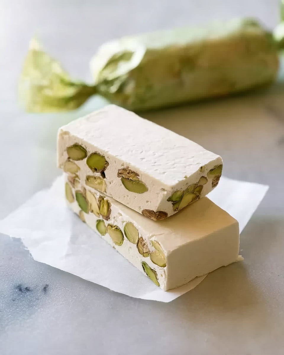 Two white nougat bars stacked on a white parchment paper, each bar showing a dense layer filled with pistachios that are light green with darker green skins inside. The top layer is smooth and pale white, contrasting with the textured nut layer below. The bars rest on a white marbled surface, and a woman's hand is gently holding one side of the bars wrapped in green translucent paper. The background is softly blurred with light shining through, enhancing the fresh and delicate look of the nougat bars. photo taken with an iphone --ar 4:5 --v 7