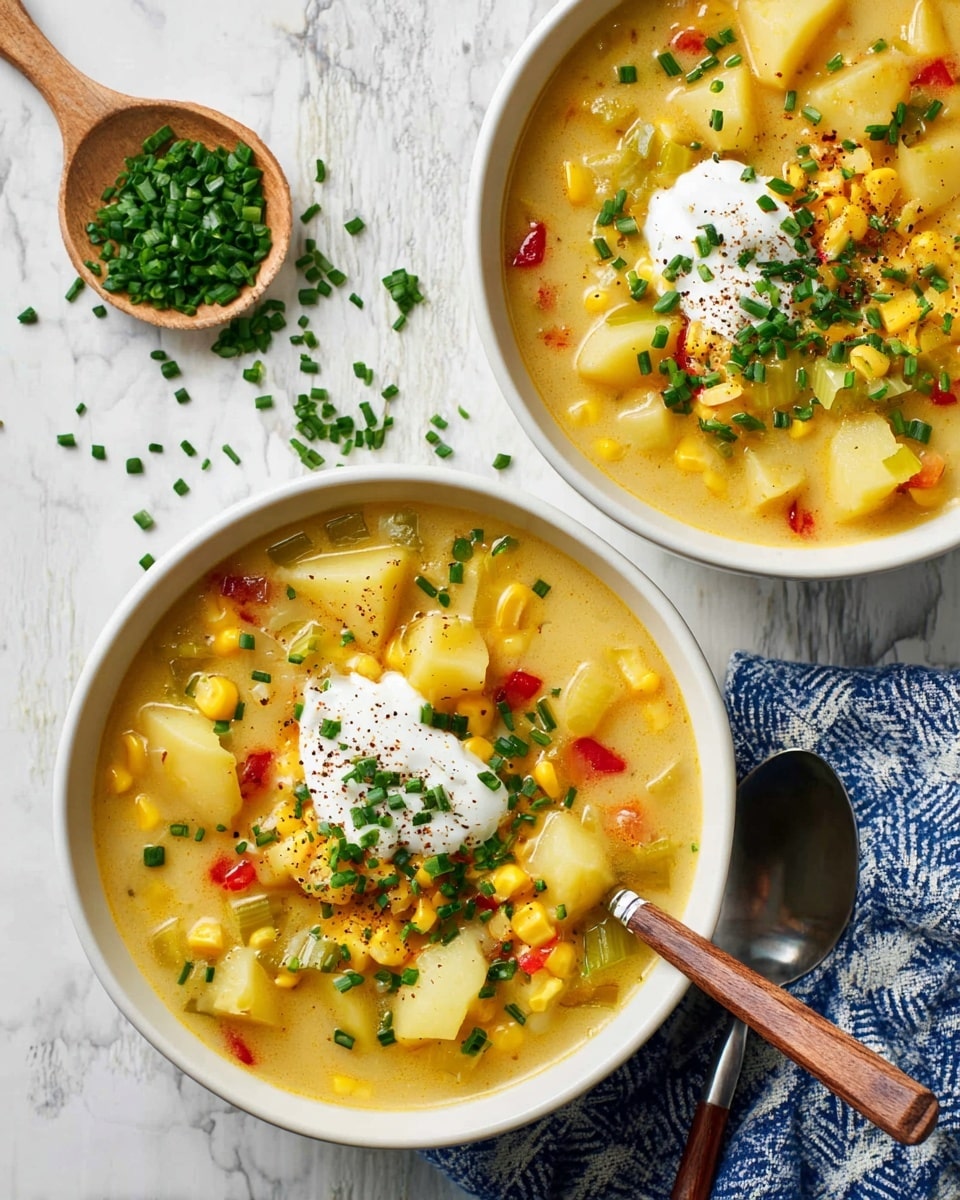 A white bowl filled with thick, creamy yellow potato corn chowder, showing large potato chunks and whole corn kernels mixed with small red pepper and celery pieces. A spoon with a wooden handle rests inside the bowl, with some chowder and vegetables on it. A dollop of white sour cream is topped with chopped green chives and sprinkled black pepper on one side of the bowl. The bowl is placed on a white marbled surface with a white and blue striped cloth partially under the bowl. photo taken with an iphone --ar 4:5 --v 7