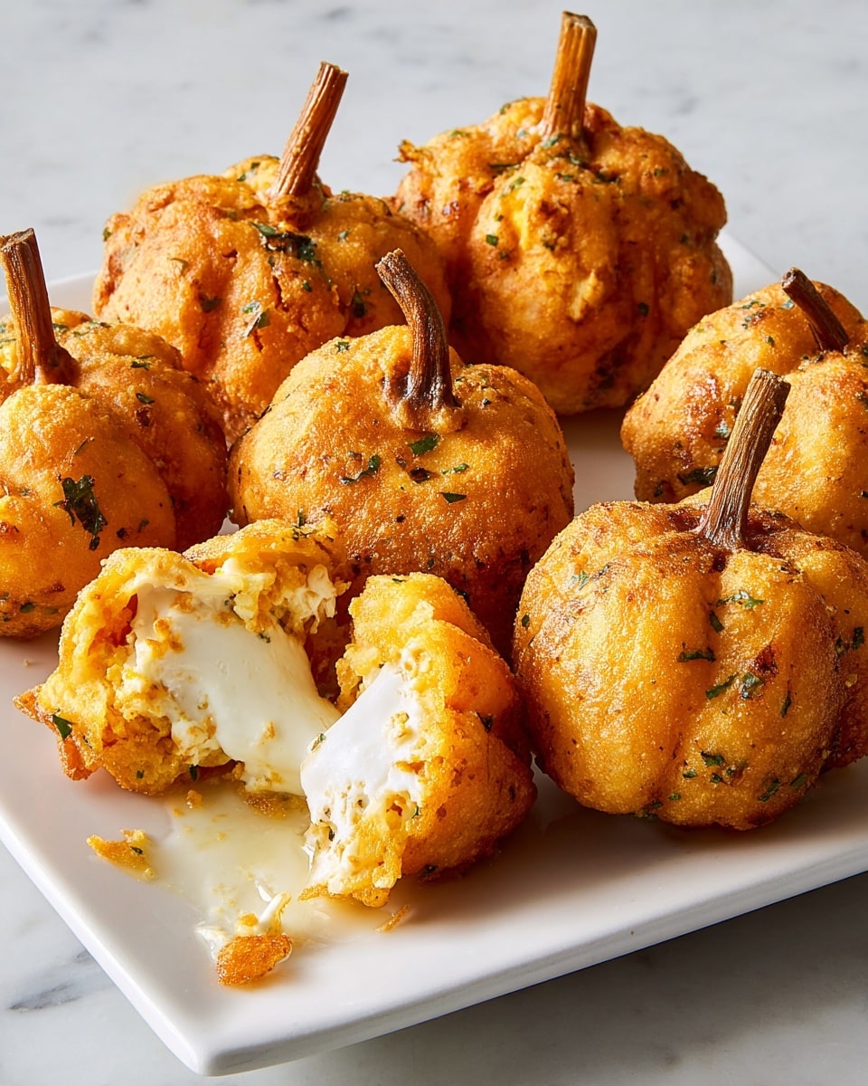 The image shows a white square plate holding six golden brown ball-shaped fried snacks, each textured with small green herb pieces and a slightly crispy surface. Each snack looks like it has a thin, crispy outer layer that is warm-toned yellow with orange spices, and inside, the filling is white and soft, melting out from one broken ball at the front. Every snack has a small brown stick inserted at the top, resembling a stem. The plate is placed on a white marbled textured surface, and the lighting highlights the warm, crispy texture of the snacks. Photo taken with an iphone --ar 4:5 --v 7