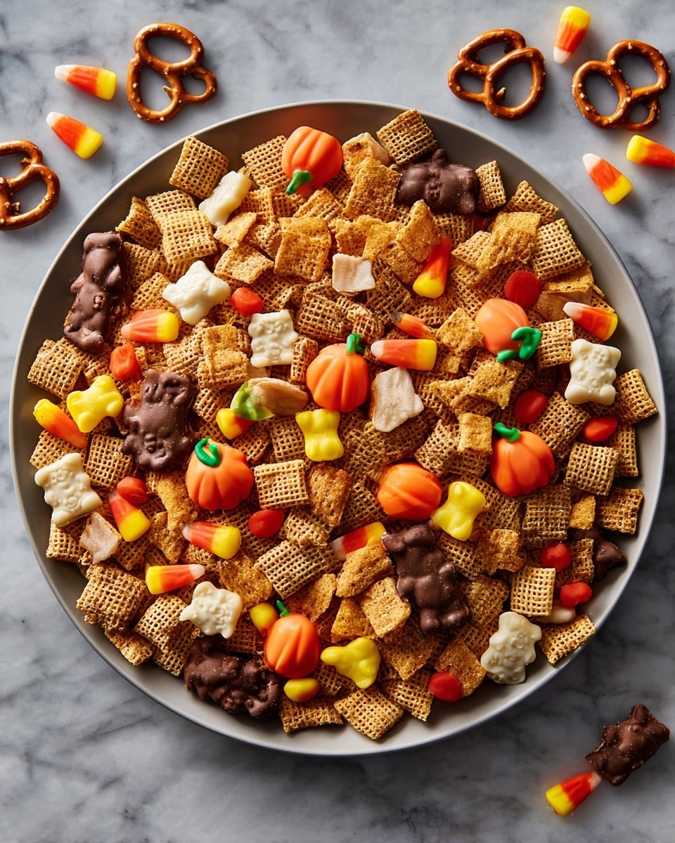 A large white bowl filled with a colorful mix of snacks, including light brown animal-shaped crackers, orange pumpkin-shaped candy with green tops, light yellow candy corn with orange tips, dark brown chocolate-covered pretzels, golden crisp chips, and light brown square cereal pieces with a woven texture. The snacks are piled high and spilling slightly over the edge. A woman's hand is picking up one of the pumpkin-shaped candies from the top right side of the bowl. The bowl sits on a white marbled surface with a dark patterned background. Photo taken with an iphone --ar 4:5 --v 7