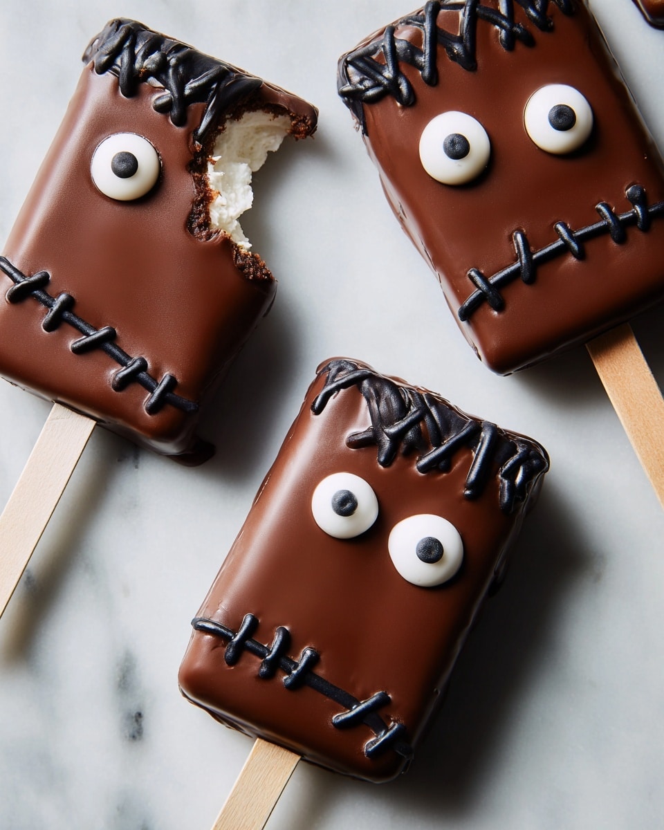 The image shows three square chocolate popsicles on wooden sticks, each decorated to look like Frankenstein’s monster faces. Each popsicle has a shiny dark brown chocolate layer covering the whole square. On top, there are black icing lines creating a stitch pattern down the middle and sides. Each popsicle also has one large white candy eye with a black dot in the center positioned on the right side. One popsicle has a bite taken out of the top left corner, revealing a white creamy inside layer beneath the chocolate. The popsicles are placed on a white marbled surface. photo taken with an iphone --ar 4:5 --v 7