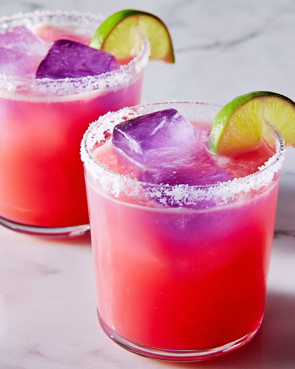The image shows two clear glasses with a layer of coarse white salt on the rims, each garnished with a small green lime wedge on the edge. The glass in the foreground is filled mostly with large, clear purple ice cubes with a light liquid being poured into it, creating a splash that drips down the side. The drink has a gradient from clear to soft pink at the bottom around the ice cubes. The glass in the background contains a drink with two layers: a deep purple layer on top and a pink layer at the bottom, with visible purple ice cubes inside. Both glasses are placed on a white marbled surface, with one glass resting on a white square coaster. The lighting is bright and highlights the textures and colors of the drinks clearly. Photo taken with an iphone --ar 4:5 --v 7
