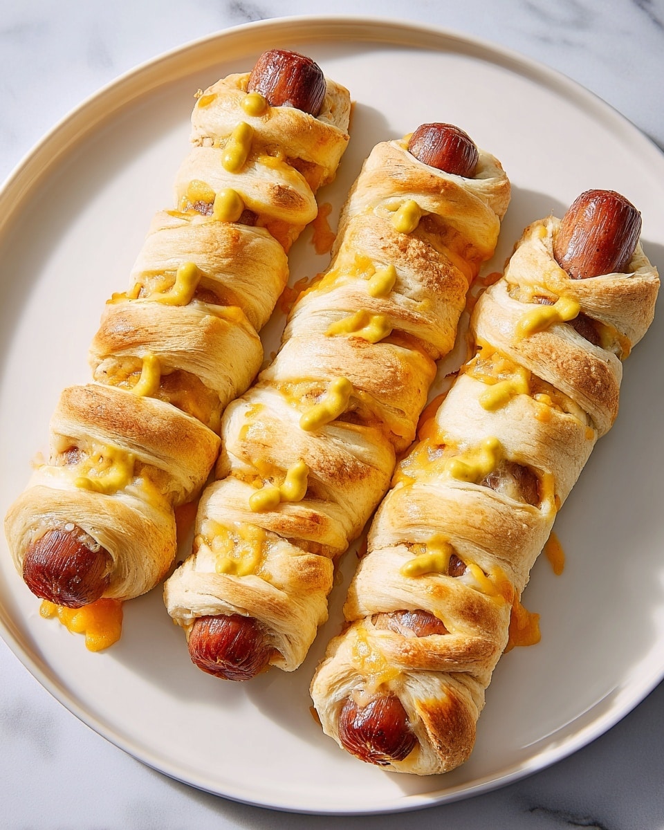 The image shows a white plate with several mini hot dogs wrapped in golden brown dough strips to look like mummies, each with two small yellow dots near one end representing eyes, made from mustard. In the middle of the plate, there is a small white bowl filled with bright red ketchup topped with yellow mustard drawn in a spider web pattern. A woman's hand is holding one of the mini hot dogs, dipping it into the bowl. The background is a white marbled surface. photo taken with an iphone --ar 4:5 --v 7