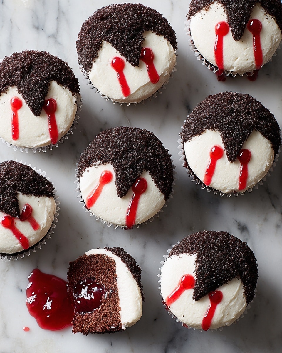 The image shows four chocolate cupcakes with a thick layer of white cream on top. The cream is smooth and slightly mound-shaped, with dark chocolate crumbs sprinkled around the edges. Two cupcakes are whole, each decorated with two small drops of shiny red sauce on the cream, resembling eyes with tears. The other two cupcakes are cut in half, revealing a deep red jelly filling that looks glossy and runs slightly out of the cake. The rich, dark brown texture of the chocolate cake is moist and soft. All cupcakes are placed on a white marbled surface. Photo taken with an iphone --ar 4:5 --v 7