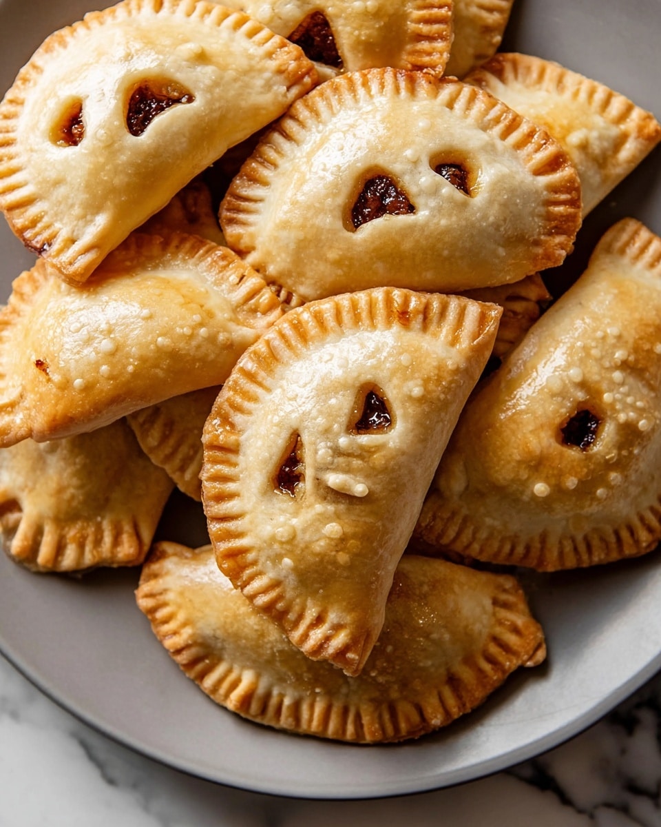 A pile of several golden-brown shaped mini hand pies sits on a white plate, each with a slightly shiny, smooth crust. The pies are shaped like small animals or symbols with small round holes near the center that show bits of dark brown filling inside. The edges are crimped, creating a textured border all around, and the crust looks firm but tender. They rest on a surface with a white marbled texture. Photo taken with an iphone --ar 4:5 --v 7