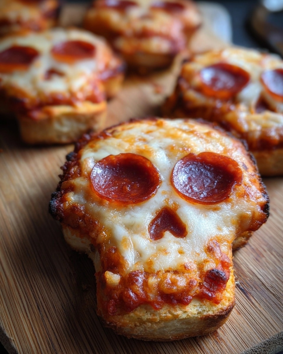 The image shows several skull-shaped mini pizzas on a wooden board. Each mini pizza has a golden brown crust that forms the shape of a skull, with slightly crispy edges. The crust is topped with a layer of melted cheese that covers most of the surface, with areas of slightly browned cheese giving a textured look. Two round slices of pepperoni sit where the eyes would be, creating deep red, glossy eye sockets. There is a hint of red tomato sauce visible under the cheese around the mouth area, adding color contrast. The skulls have detailed facial features made with melted cheese and sauce. The background is softly blurred, highlighting the skull pizzas in the front. photo taken with an iphone --ar 4:5 --v 7