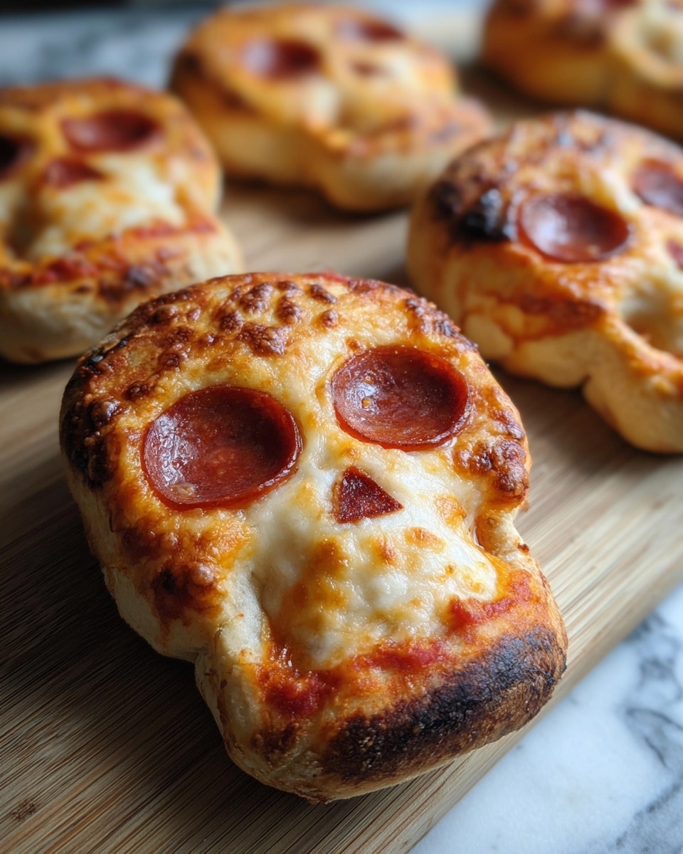 The image shows skull-shaped mini pizzas placed on a wooden board over a white marbled surface. Each pizza has a golden-brown crust with slightly darker spots on top and is topped with melted light yellow cheese and red tomato sauce peeking through at the bottom. Two round pepperoni slices form eye sockets on the skull, giving it a hollow look, while grooves and indentations create the nose and mouth details in the crust and cheese. Some pizzas are in focus in the front, while others blur softly in the background, creating depth. Photo taken with an iphone --ar 4:5 --v 7
