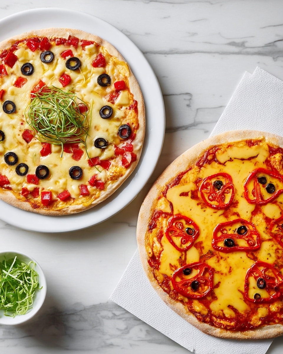 Two pizzas are shown on a white marbled surface. The pizza on the left is on a white plate and has a thin crust topped with diced red tomatoes, melted yellow cheese in large patches, and black olive slices scattered on top. In the center of this pizza, there is a small bunch of green thin leaves arranged like a nest. The pizza on the right is on a white napkin and has a thin crust topped with red tomato sauce, melted yellow cheese, and five round slices of red bell pepper with wavy red lines inside each, each topped with a black olive slice in the middle. A small white bowl of green thin leaves is near the bottom left of the frame. photo taken with an iphone --ar 4:5 --v 7