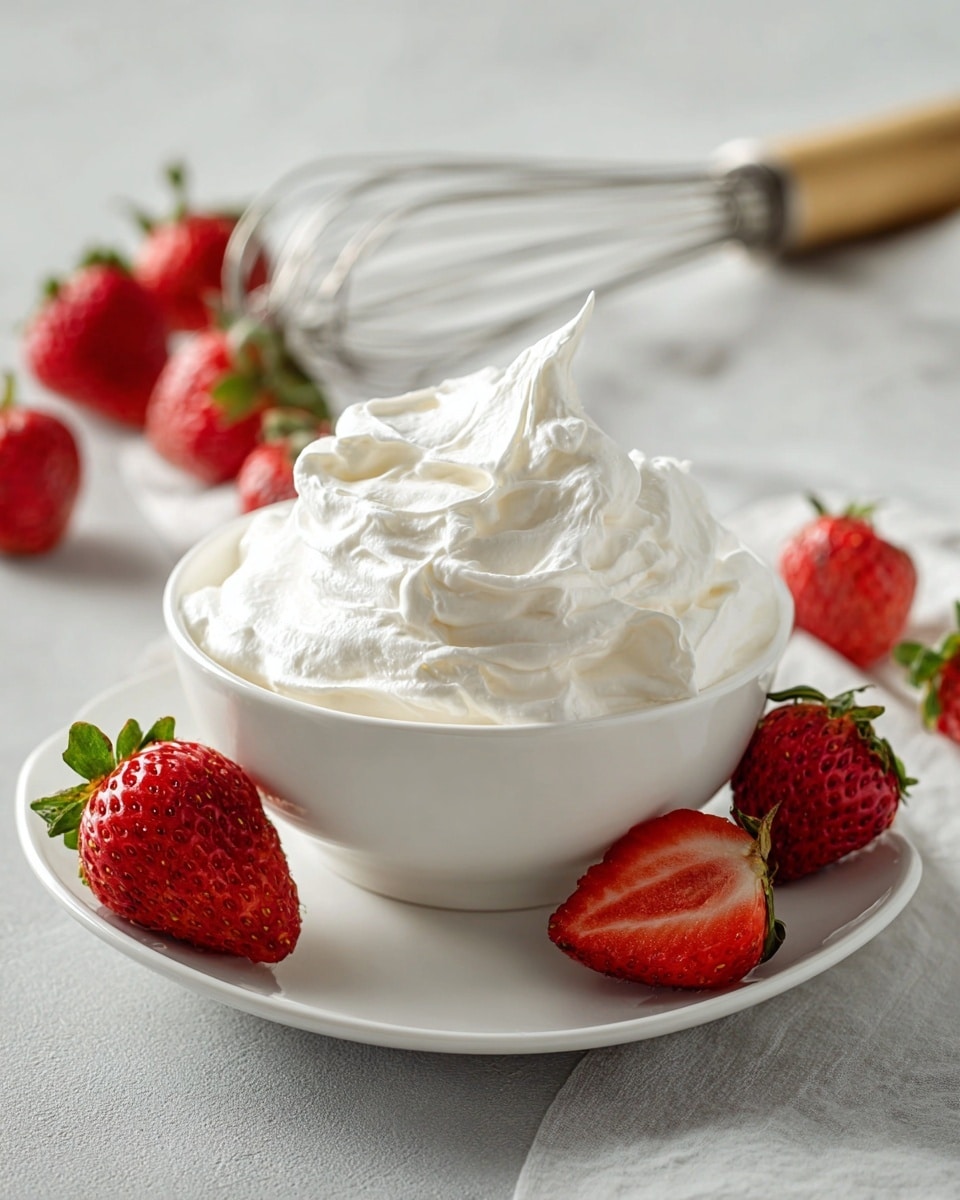 A clear glass bowl filled with a thick, creamy white whipped topping. The whipped topping has soft peaks and smooth swirls, giving it a light and airy texture. The bowl sits on a white marbled surface, highlighting the bright white color of the whipped topping. Photo taken with an iphone --ar 4:5 --v 7