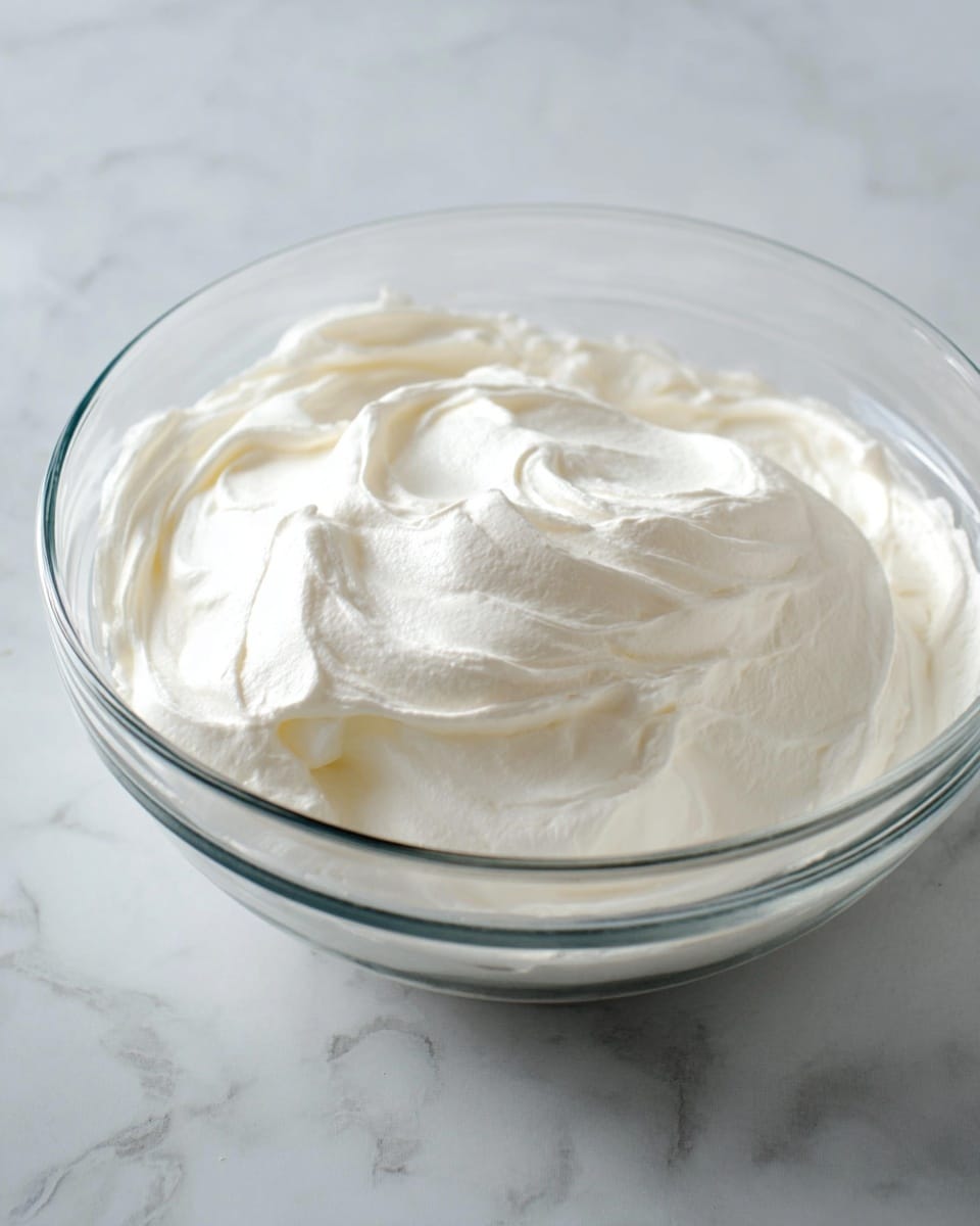 A close-up image of a small white bowl filled with a thick, creamy white whipped topping, with soft peaks and smooth swirls on the surface. The bowl is placed on a white plate with three whole red strawberries, one partially hidden behind the bowl and two sliced strawberries with visible seeds and green leafy tops arranged neatly on the side. All items rest on a white marbled texture surface that provides a clean and bright background. photo taken with an iphone --ar 4:5 --v 7