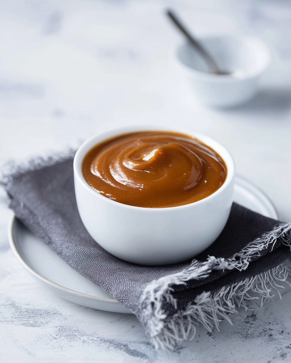 A small white bowl filled with one thick layer of smooth, shiny, caramel-brown sauce, slightly swirled on top, sitting on a folded dark grey cloth with rough edges placed on a white plate, all set on a white marbled surface; in the blurred background, there is another small white bowl with a small spoon resting inside. photo taken with an iphone --ar 4:5 --v 7
