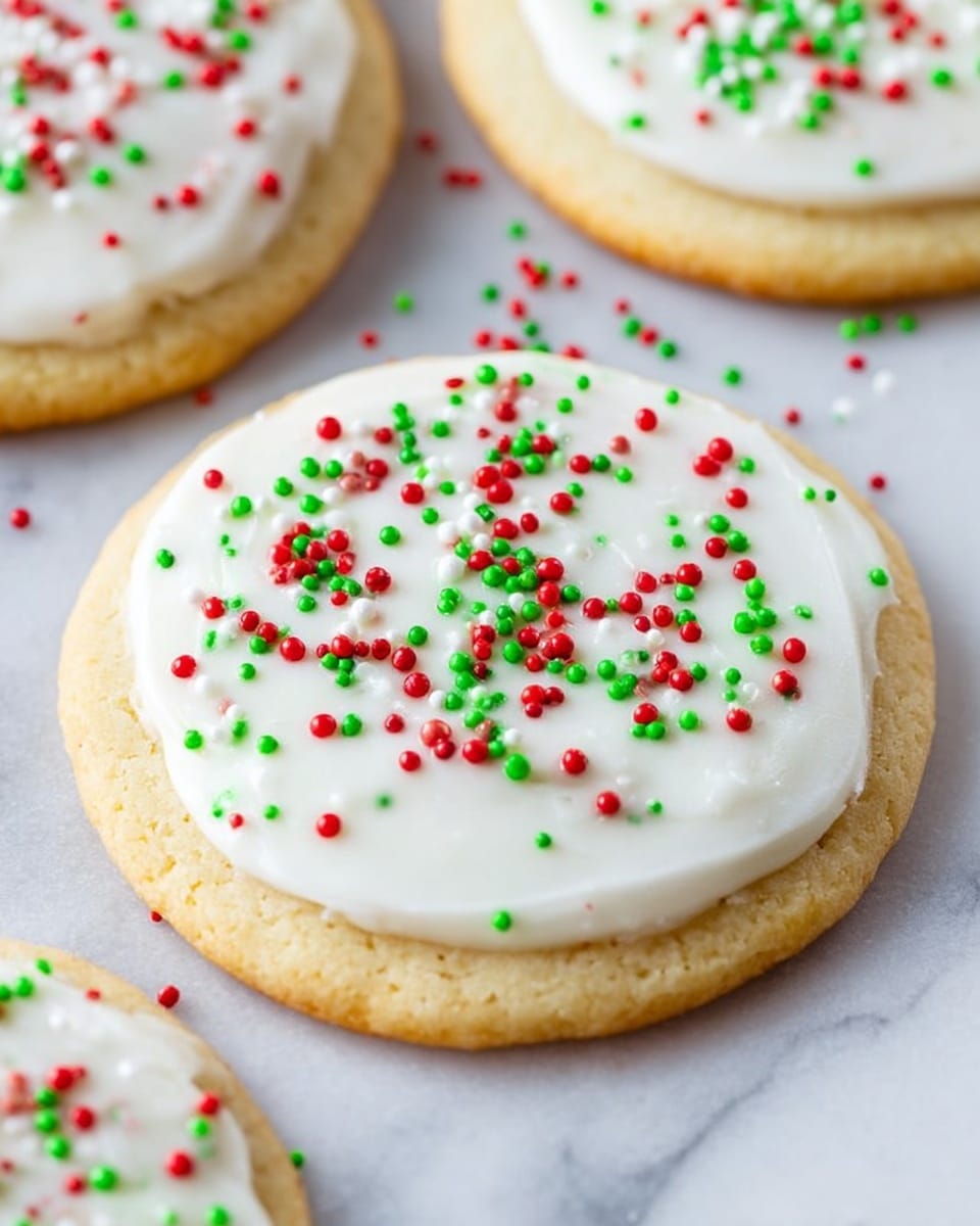 A close-up image of round sugar cookies with two layers, the base is a light golden-brown cookie, smooth and slightly thick. On top is a thick, even layer of white frosting with a glossy texture, spread neatly. Small red and green round sprinkles are scattered evenly over the frosting, adding bright spots of color. The cookies rest on a white marbled surface, with a few sprinkles scattered around them. Photo taken with an iphone --ar 4:5 --v 7