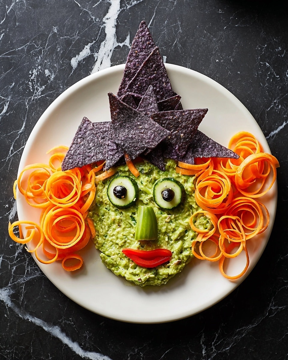 A white plate holds a creative face made from green guacamole shaped as the base, forming the face's skin with a textured, chunky surface. Orange curly carrot ribbons frame the face as wild hair, extending from both sides. The eyes are made with slices of white radish topped with black olive halves, each with a small red piece for pupils. Eyebrows are created from black olives positioned above the eyes. A green pickled cucumber is placed horizontally as a nose, and a red bell pepper segment forms the mouth. On top of the face, several dark purple triangular corn chips are layered in a stacked pattern to make a witch's hat. The background is a white marbled surface. photo taken with an iphone --ar 4:5 --v 7