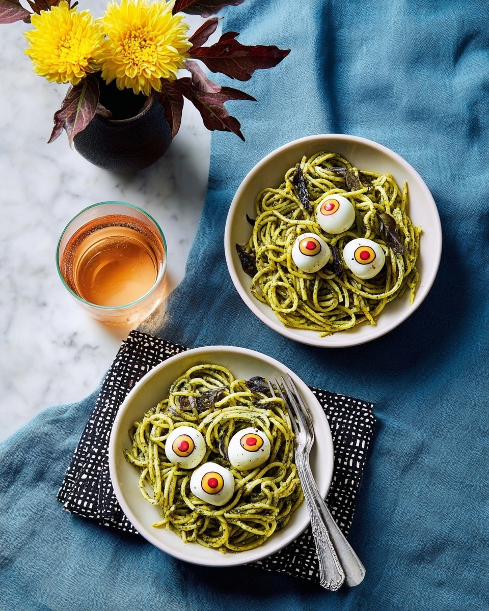 Two white bowls filled with noodles coated in a bright green pesto sauce are placed on a white marbled surface covered partially with a blue cloth. Each bowl has five round white mozzarella balls on top, decorated to look like eyeballs with sliced black olives and small red centers. A silver fork rests on a black and white cloth napkin next to the front bowl. To the left, there is a clear glass with a light amber sparkling drink, and behind it, a small dark vase holding a bright yellow flower and some dark brown foliage. The overall scene is colorful with a mix of green, white, yellow, and blue tones. photo taken with an iphone --ar 4:5 --v 7