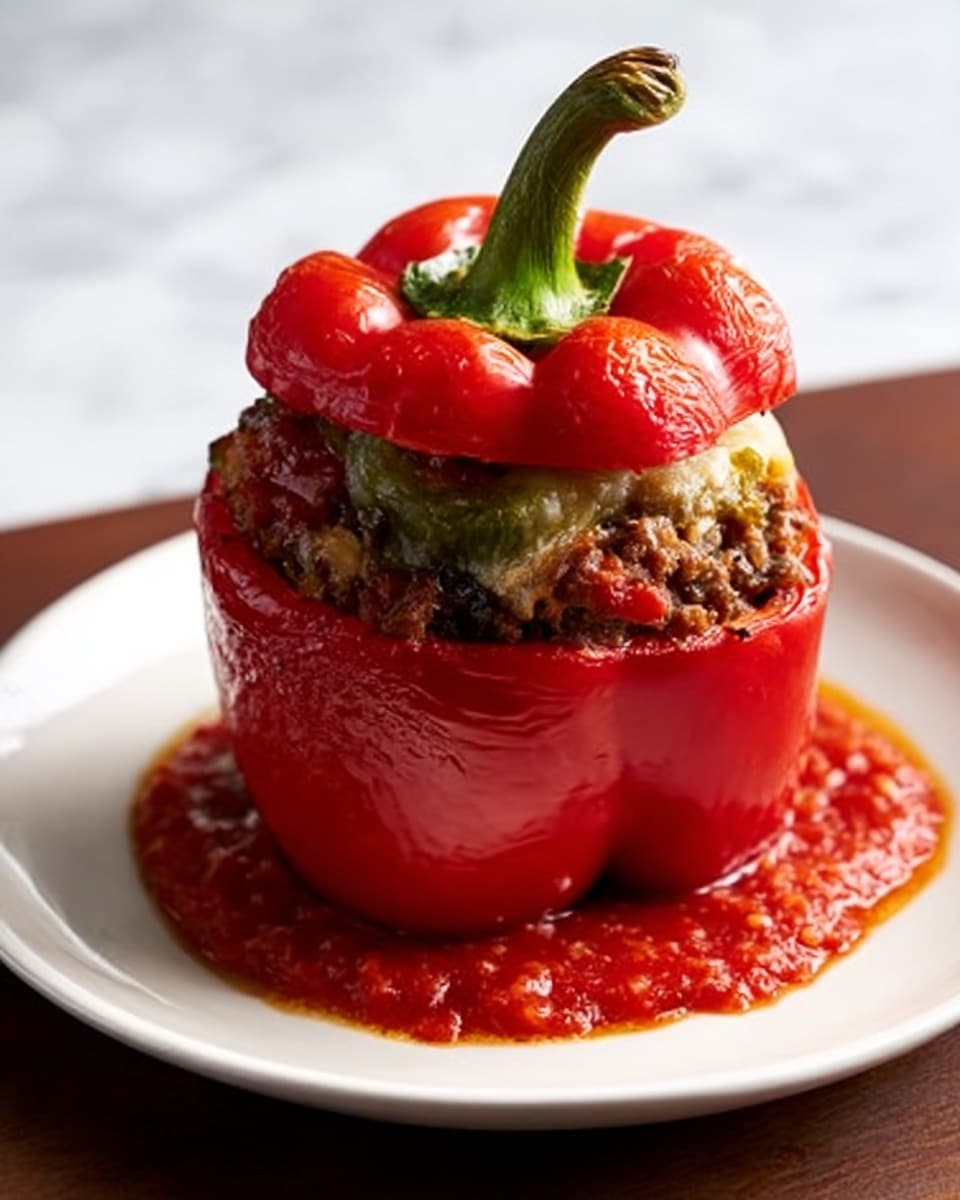 A bright red stuffed bell pepper sits upright on a white plate, filled with a mix of cooked ground meat and melted cheese that appears creamy with a slight golden tint. The pepper top, with its green stem, is placed slightly tilted on the filling. Around the base, there is a ring of chunky red tomato sauce spreading out. The plate rests on a white marbled surface that contrasts with the deep red color of the pepper. photo taken with an iphone --ar 4:5 --v 7