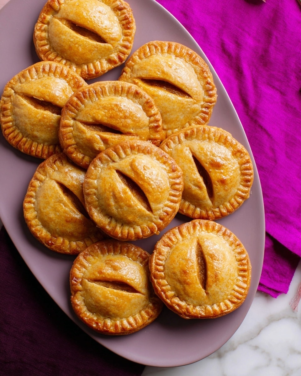 Eight small pumpkin-shaped hand pies with a golden brown crust are arranged on a white oval plate. Each pie has a round top layer with two curved cut marks and a straight cut mark in the middle, giving the look of pumpkin segments. The crust edges are crimped, showing a textured pattern. The plate sits on a white marbled surface covered partially by a bright purple cloth and a folded dark pink cloth nearby. The lighting highlights the flaky texture and warm color of the pies photo taken with an iphone --ar 4:5 --v 7