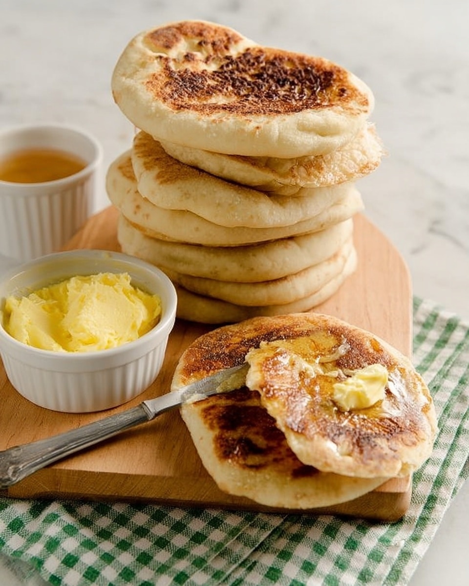 A stack of seven soft, golden brown English muffins sits on a light wooden board against a white marbled background. One muffin is split open and toasted to a deep golden crisp with a textured, bubbly surface showing slight browning. Next to the open muffin is a small white ramekin filled with creamy yellow butter, and a silver butter knife rests across the board, spreading some butter on the muffin. Behind the butter ramekin is a small dish with amber-colored honey. A white and green striped cloth is partially visible under the board. photo taken with an iphone --ar 4:5 --v 7