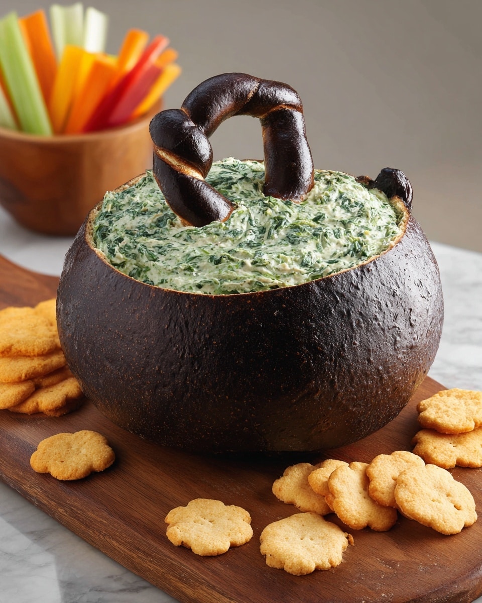 A dark brown round bread bowl with a rough, textured crust holds a thick layer of light green, creamy spinach dip inside. Around the rim of the bread bowl is a smooth, dark purple ring that looks like soft dough. A black, shiny, twisted handle rises from the dip like a small hoop. On a light wooden cutting board below the bread bowl are thin pumpkin-shaped crackers in pale orange and light green colors, arranged casually in a small pile. In the background, a wooden bowl holds colorful raw vegetable sticks like broccoli, red bell pepper, carrot, and white endive, all placed against a white marbled surface. photo taken with an iphone --ar 4:5 --v 7