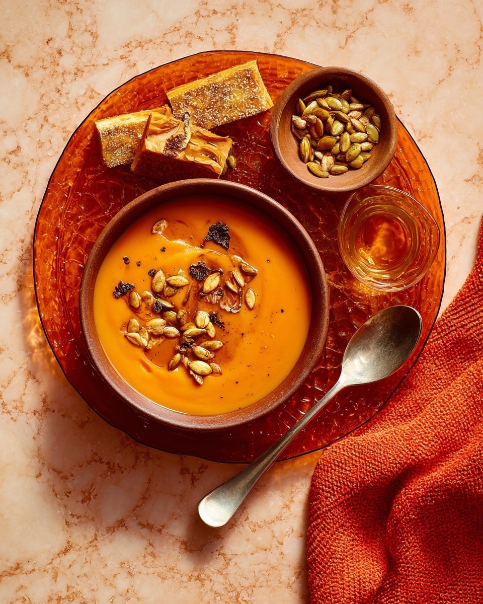 The image shows a bowl of smooth orange soup topped with roasted pumpkin seeds and black pepper pieces. This bowl is brown and sits on a textured amber glass plate. Next to the bowl is a shiny silver spoon and a small brown dish filled with more roasted pumpkin seeds. There is an orange knitted cloth near the bottom right side and the surface beneath everything is a white marbled texture. Photo taken with an iphone --ar 4:5 --v 7