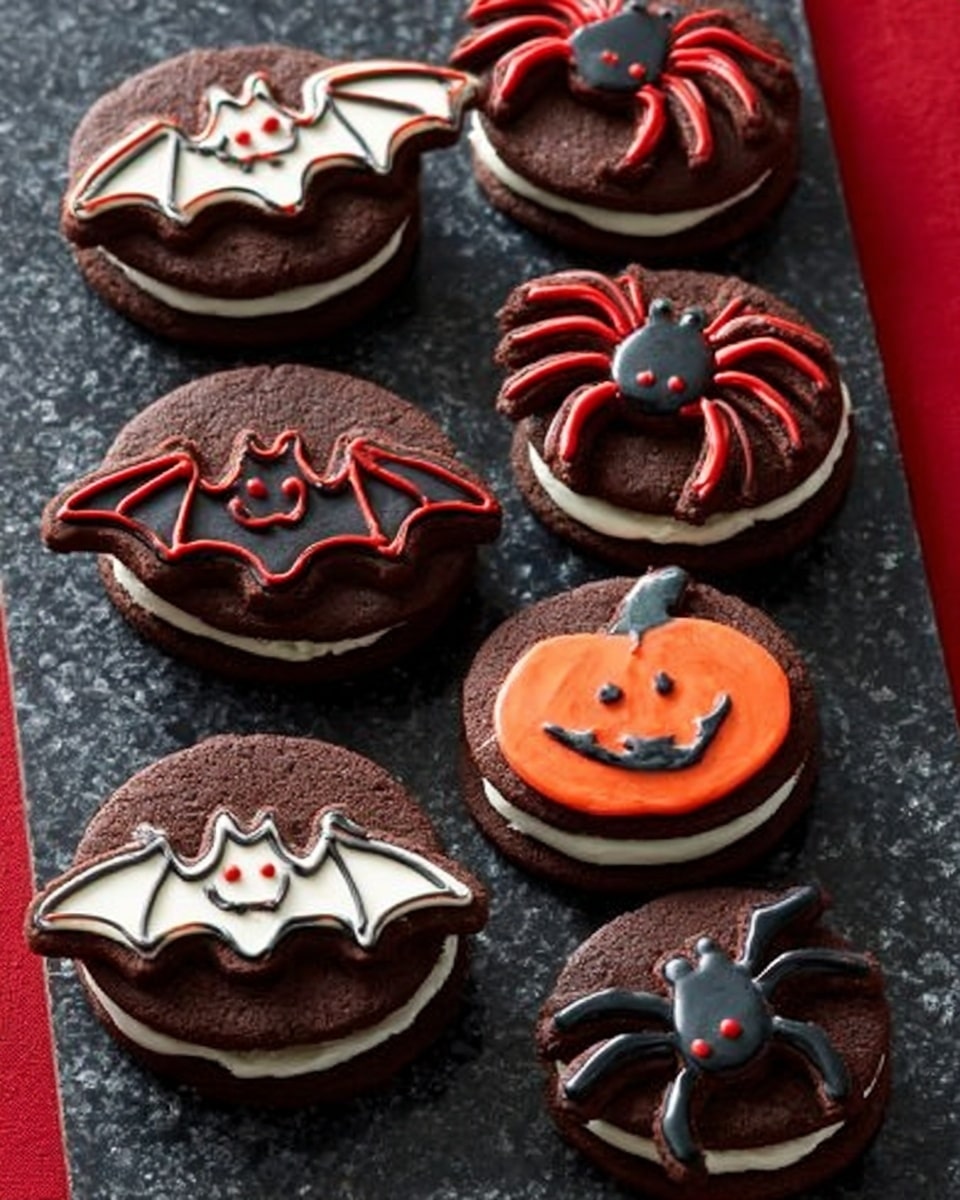 The image shows a batch of Halloween-themed sandwich cookies placed on a dark baking mat with a red edge on the right side over a white marbled surface. There are six cookies in total, each with two chocolate cookie layers sandwiching white cream filling. The cookies are shaped like bats with red and black icing outlining their wings and eyes or a pumpkin with a smiling face outlined in white and red icing. Each cookie's top layer is decorated with clean, bright red or black icing details that contrast against the dark brown cookie base. A woman's hand is about to pick up the pumpkin-shaped cookie. photo taken with an iphone --ar 4:5 --v 7