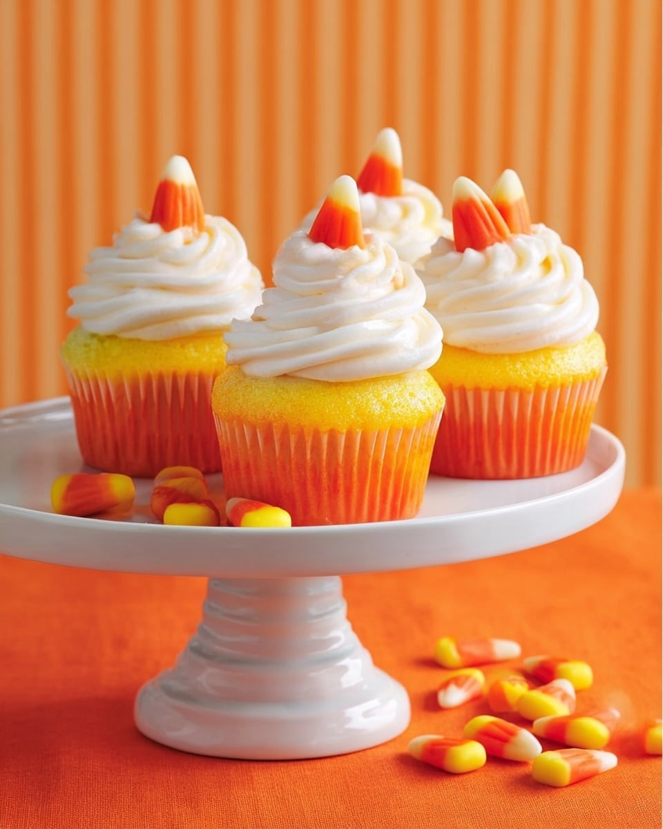 The image shows four cupcakes on a white cake stand with a ridged edge and smooth base, placed on an orange surface. Each cupcake has two layers: the bottom layer is yellow, and the top layer is bright orange. A thick, white frosting is swirled on top in three tiers. Each cupcake is decorated with three candy corn pieces, which are orange, yellow, and white, standing upright on the frosting. There are extra candy corn pieces scattered on the orange surface near the base of the cake stand. The background is a vertical striped orange color. photo taken with an iphone --ar 4:5 --v 7