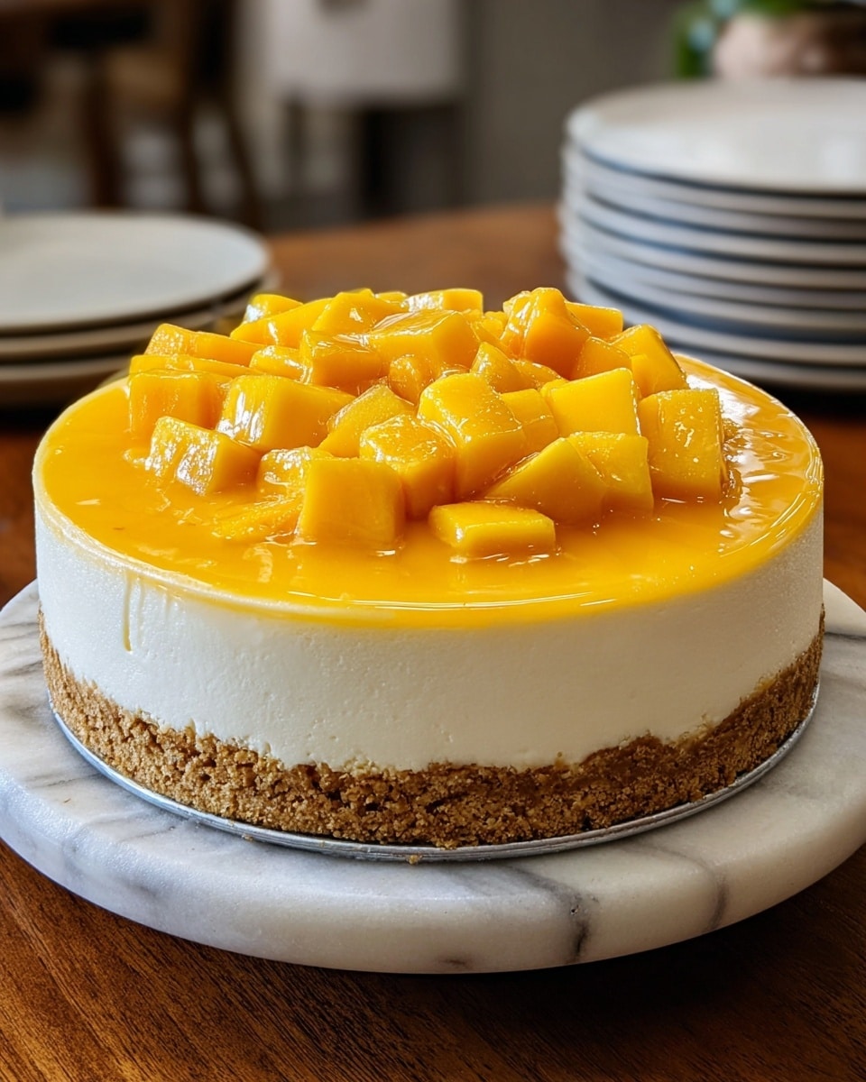 This image shows a round three-layer mango cheesecake on a white marbled cake stand. The bottom layer is a thick, crumbly golden brown crust with a rough texture. The middle layer is a smooth, creamy white cheesecake filling that is thick and soft. On top, there is a bright orange-yellow mango glaze layer that shines under the light. The glaze is covered by neatly arranged chunks of fresh, glossy, orange-yellow mango pieces in the center. The background is softly blurred, showing a wooden table and stacked white plates nearby. Photo taken with an iphone --ar 4:5 --v 7