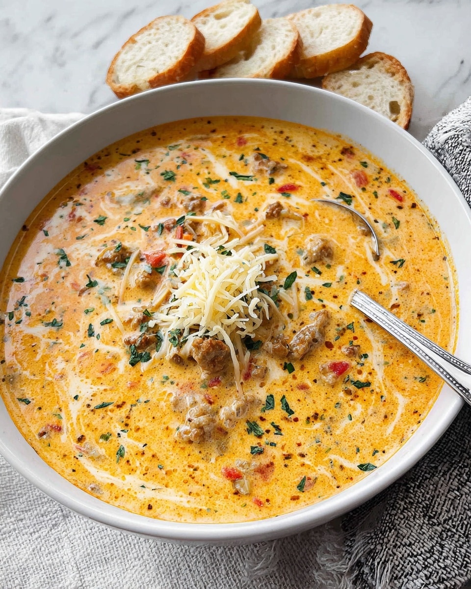 A white bowl with a black rim is filled with a creamy soup that has visible small chunks of sausage, bits of tomato, green herbs, and small pieces of pasta, all mixed into a light orange broth. In the center of the soup, there is a small pile of shredded white cheese. A silver spoon rests inside the bowl on the left side. To the top left of the bowl, three slices of toasted bread are stacked on top of a white lace cloth. The background is a white marbled texture. photo taken with an iphone --ar 4:5 --v 7