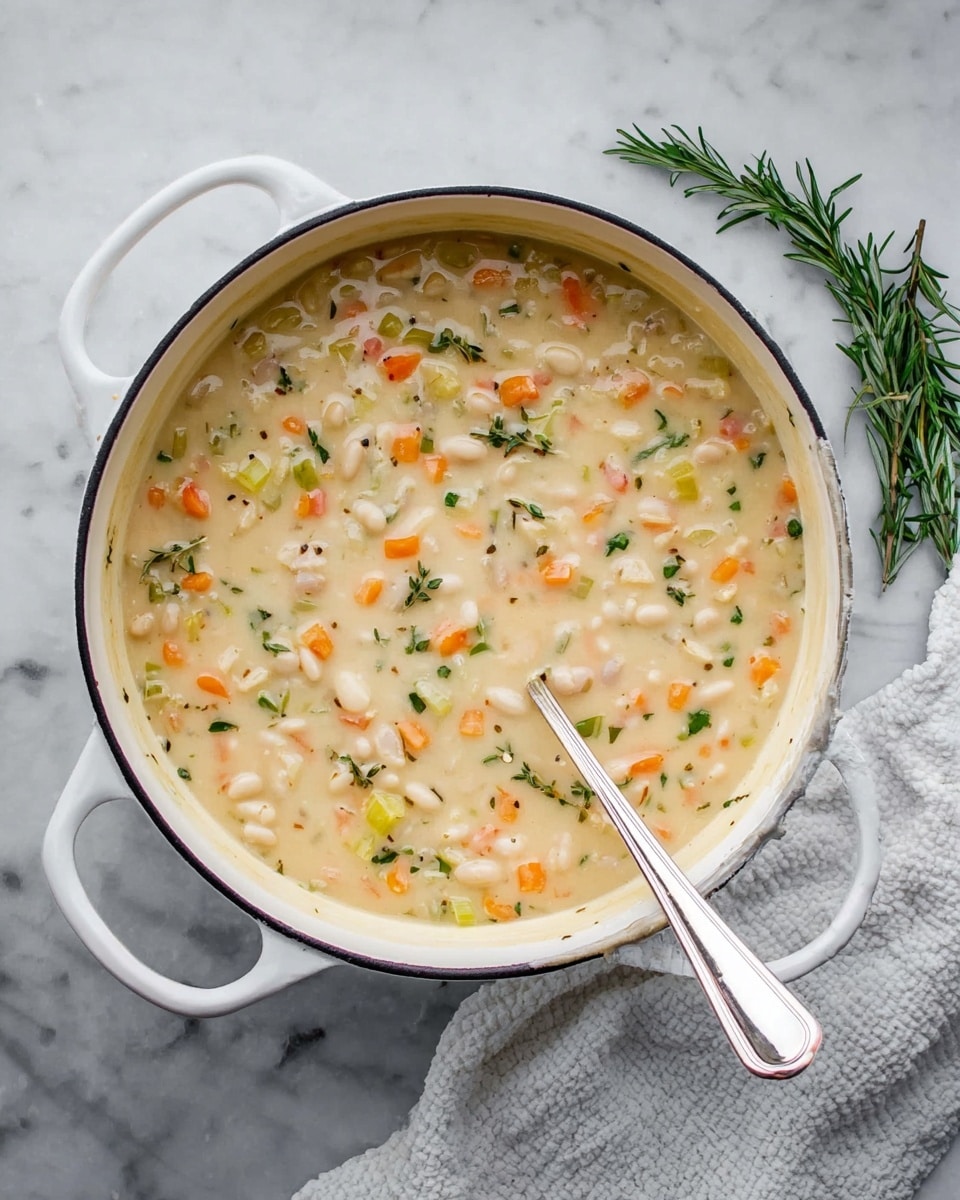 This image shows a thick creamy soup inside a white pot with two handles on a white marbled surface. The soup contains three main layers visible in its texture: a smooth creamy white base mixed with a variety of small, chopped, colorful vegetables like orange carrots, green herbs, and celery, plus white beans evenly spread throughout. A silver spoon rests inside the pot, partially submerged in the soup, reflecting a bit of the creaminess and colors of the vegetables around it. Some fresh rosemary and a white textured cloth lie around the pot on the white marbled surface. Photo taken with an iphone --ar 4:5 --v 7