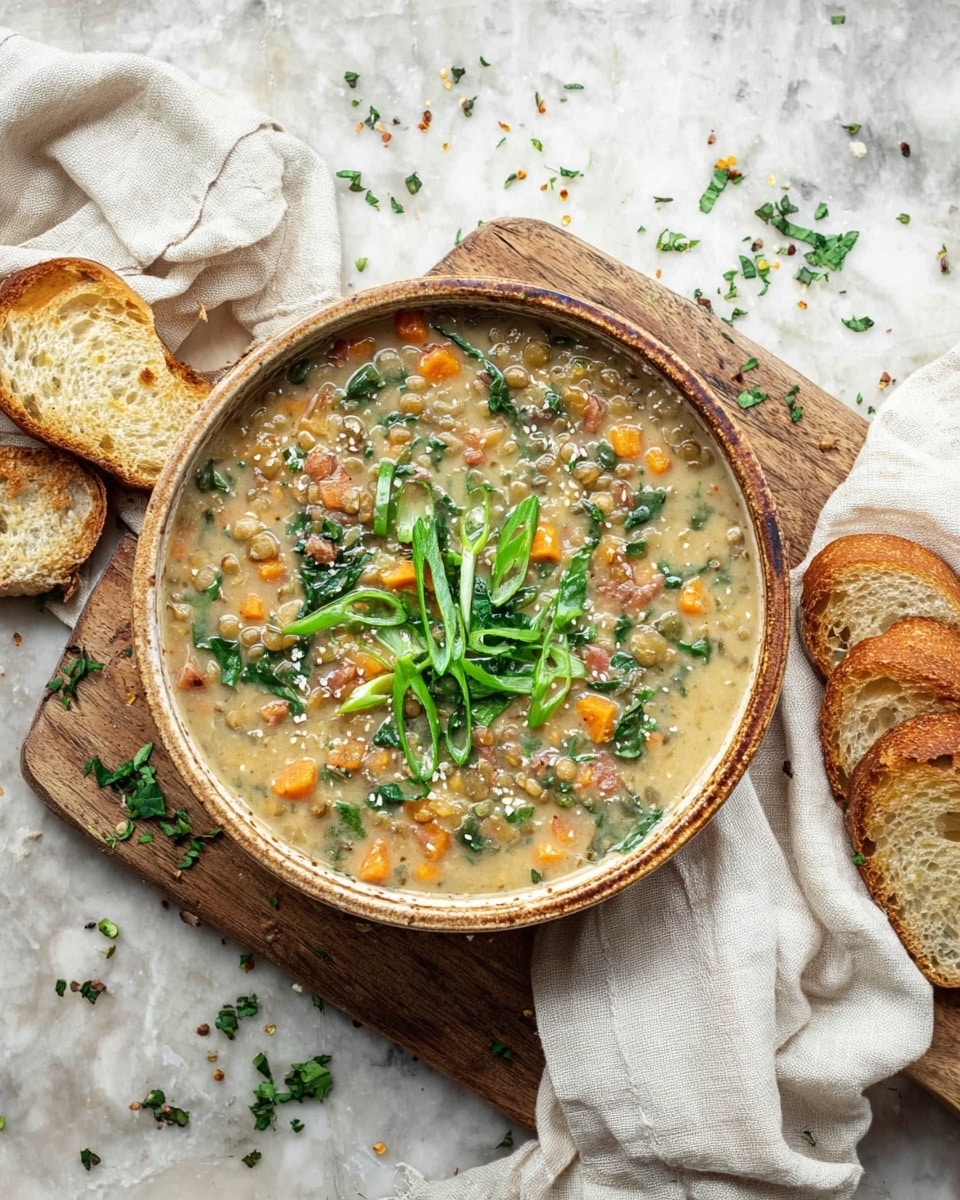 A rustic white enamel bowl filled with thick creamy soup made of small lentils and chunks of orange sweet potatoes, garnished with chopped fresh green herbs and sliced green onions in the center; a vintage silver spoon lies resting inside the bowl, which is set on a wooden board with a white cloth and a slice of toasted bread partially visible in the background, all placed on a white marbled surface photo taken with an iphone --ar 4:5 --v 7