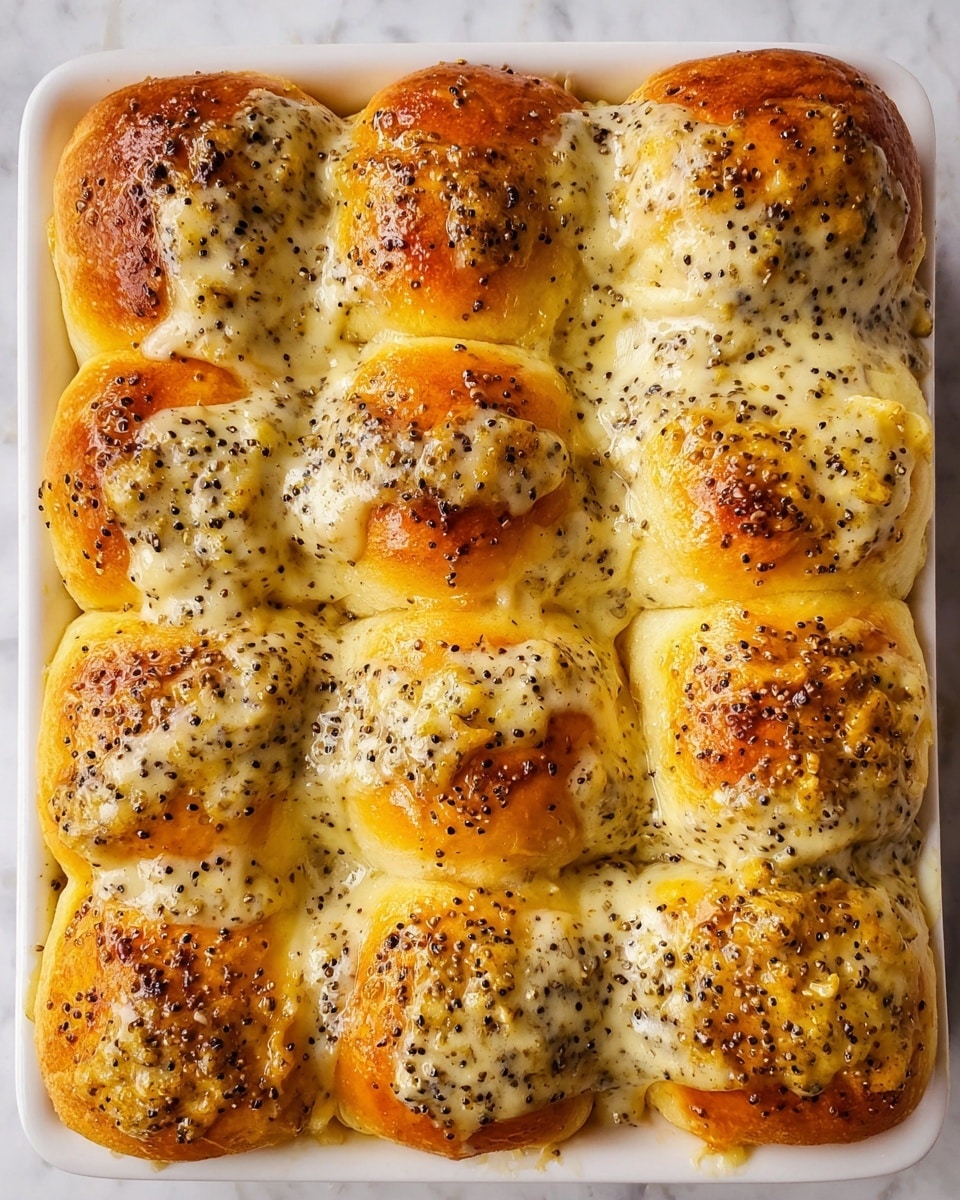 The image shows a white rectangular dish filled with soft, golden-brown dinner rolls arranged in three rows of four. Each roll is topped with a thick layer of creamy sauce mixed with mustard seeds, giving a speckled look of black and yellow dots spread unevenly on the shiny, slightly cracked tops. The rolls are close together, and the sauce has melted around the edges, creating a glossy texture on the surface of each roll. The dish is placed on a white marbled surface. photo taken with an iphone --ar 4:5 --v 7