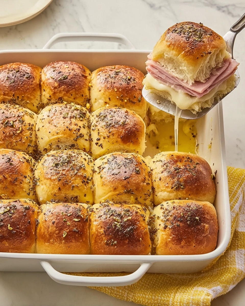 A white rectangular dish holds twelve golden brown slider buns arranged in three rows of four. Each bun has a shiny top sprinkled with black pepper and herbs. One slider is being lifted by a spatula, showing three light pink ham layers and a melted white cheese layer that stretches slightly. The buns look soft and slightly toasted on top, with some melted butter or sauce visible around the edges. The dish is placed on a white marbled surface, with a yellow and white cloth partially visible underneath one handle. Photo taken with an iphone --ar 4:5 --v 7